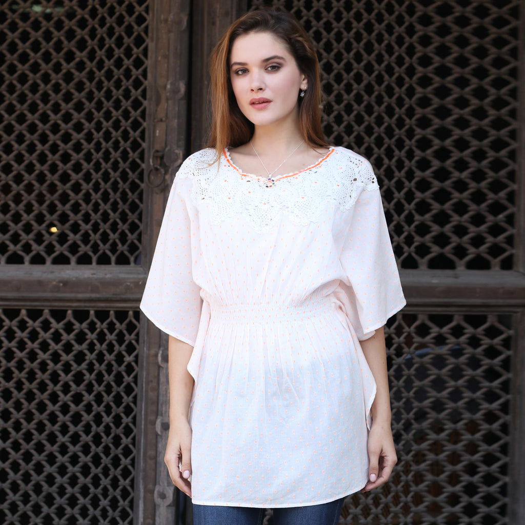 Cream Cotton Caftan with Crocheted Accents - Stylish Grace