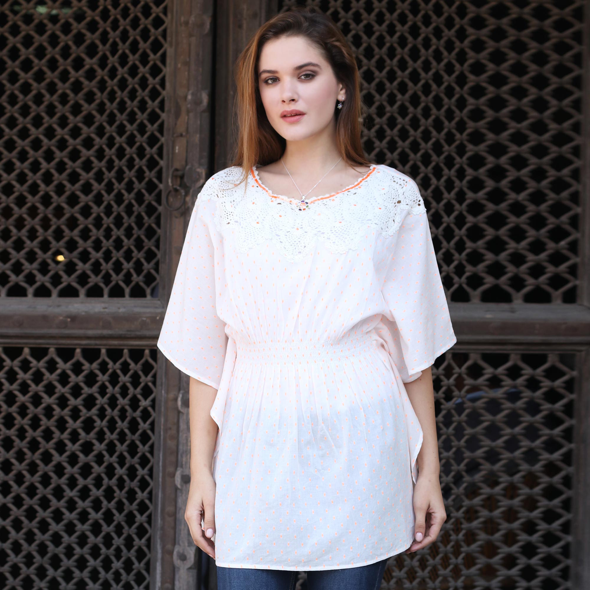 Cream Cotton Caftan with Crocheted Accents - Stylish Grace