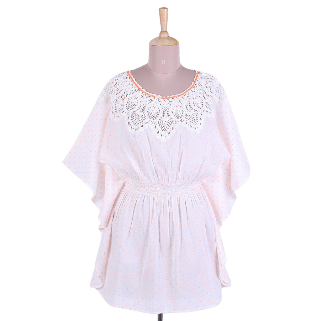 Cream Cotton Caftan with Crocheted Accents - Stylish Grace