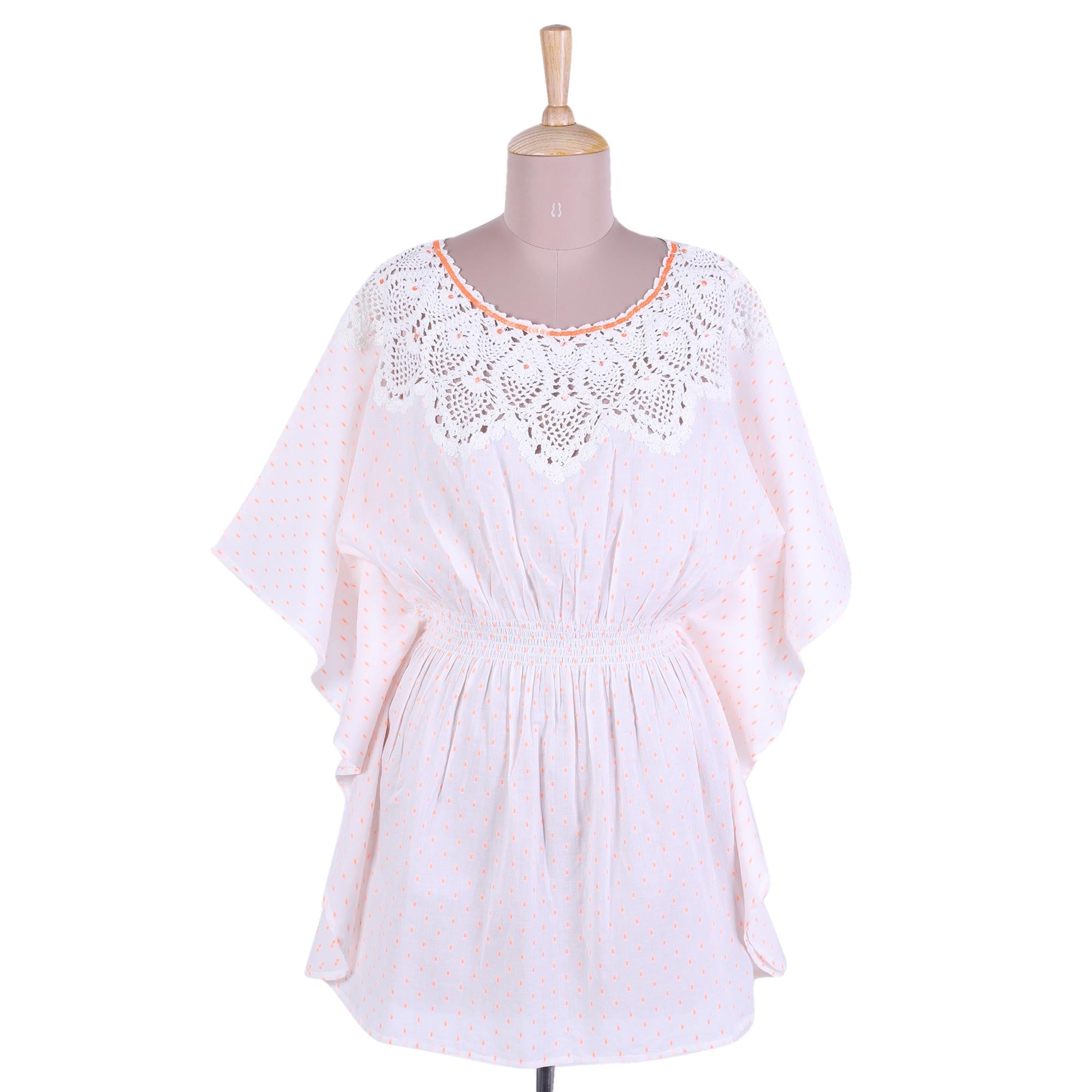 Cream Cotton Caftan with Crocheted Accents - Stylish Grace