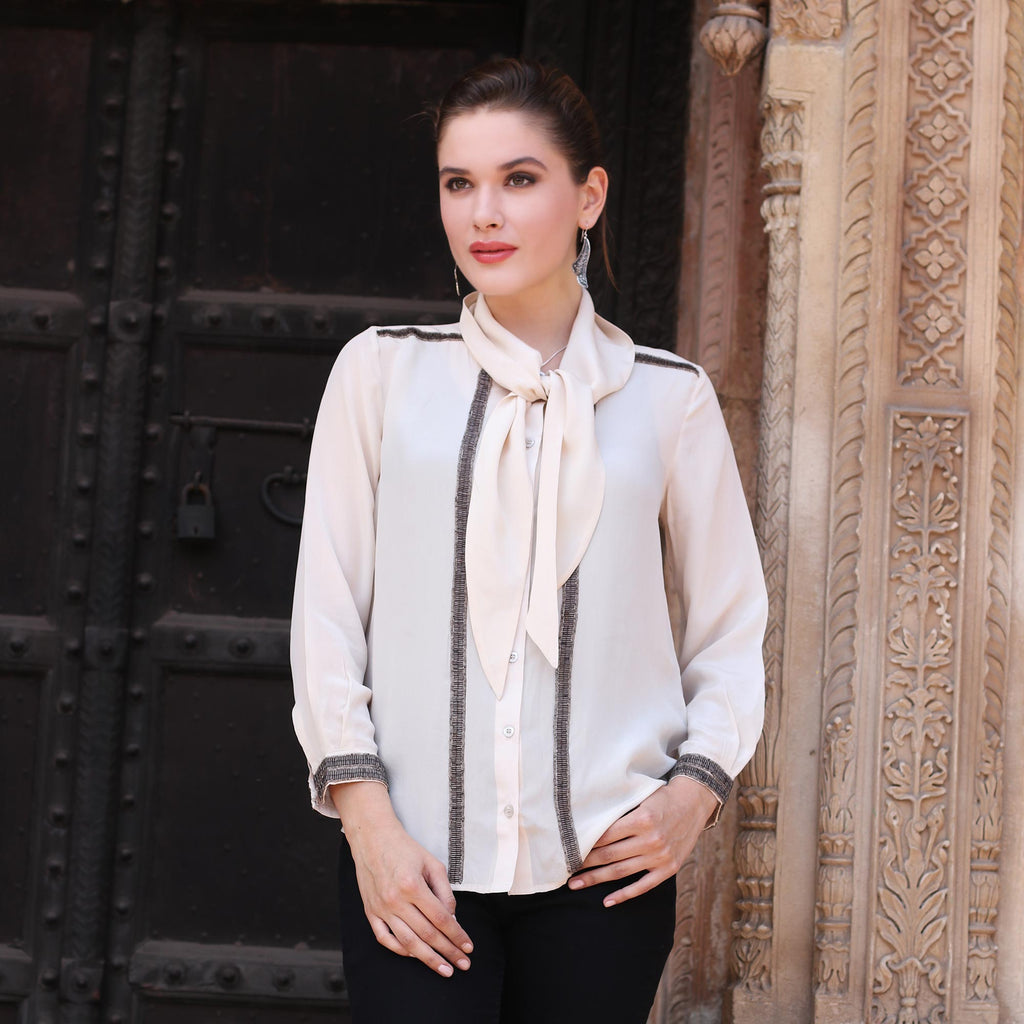 100% Silk Button Down Blouse with Tie Neck in Ecru - Dazzling Alabaster