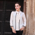 100% Silk Button Down Blouse with Tie Neck in Ecru - Dazzling Alabaster