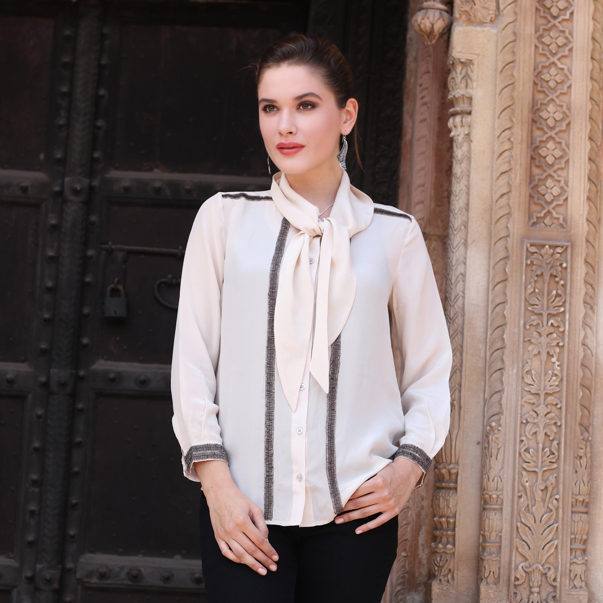 100% Silk Button Down Blouse with Tie Neck in Ecru - Dazzling Alabaster