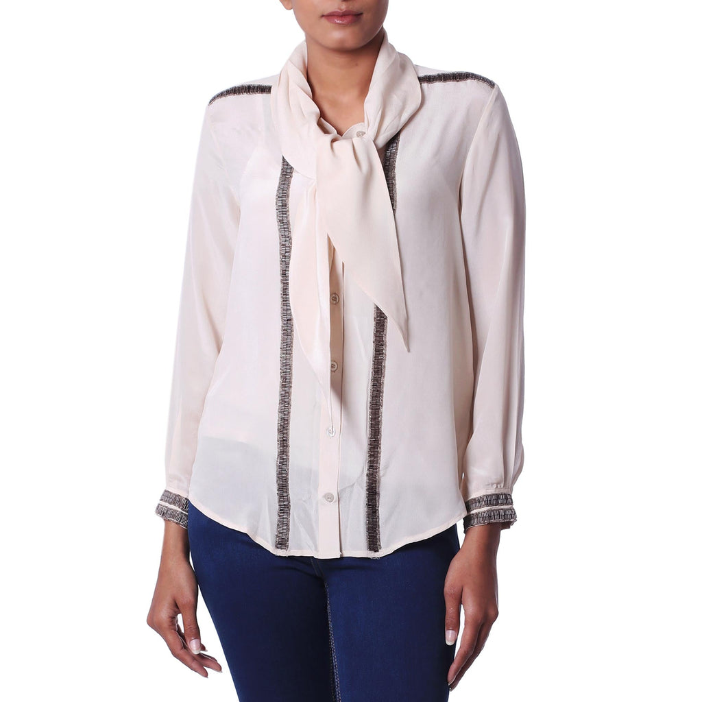 100% Silk Button Down Blouse with Tie Neck in Ecru - Dazzling Alabaster
