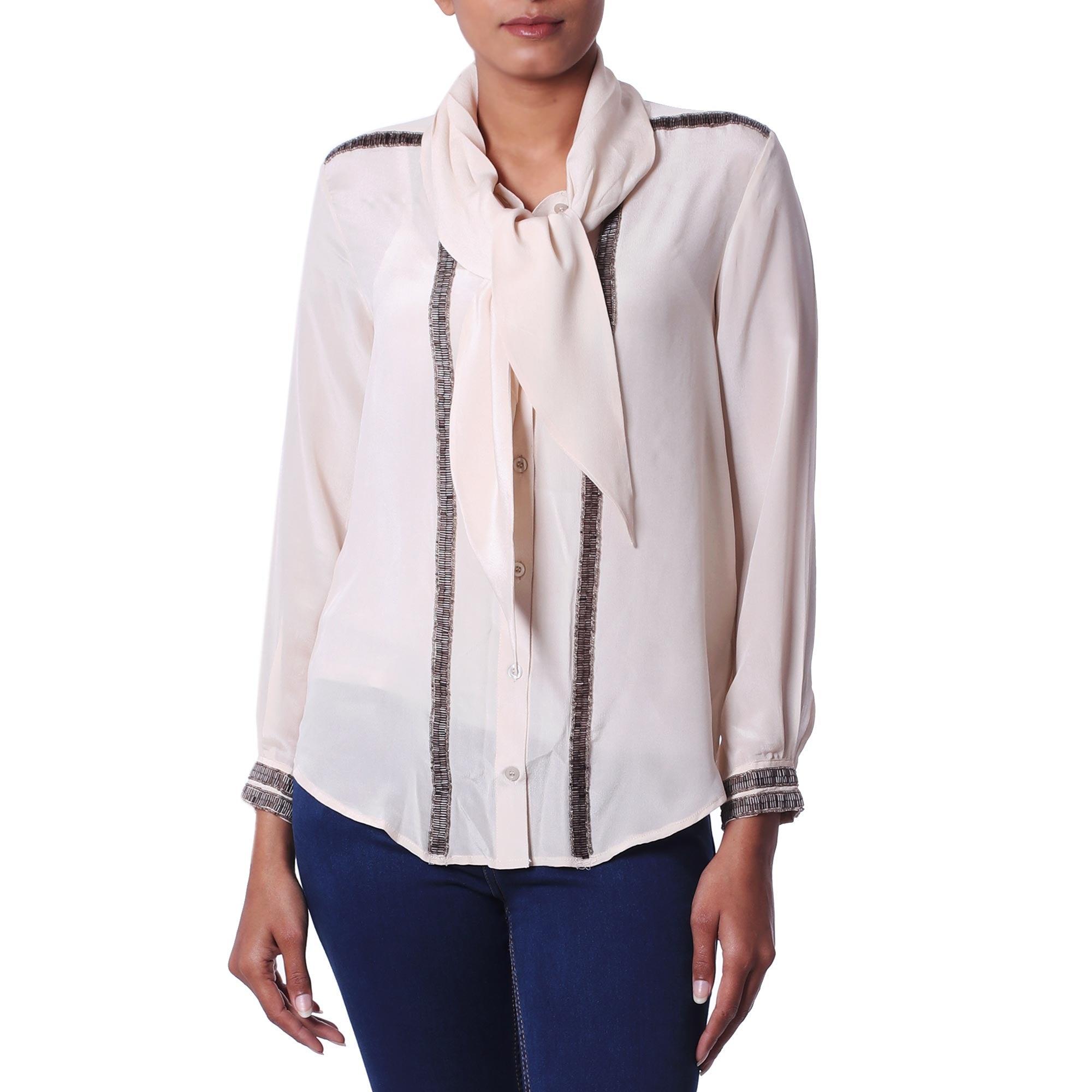 100% Silk Button Down Blouse with Tie Neck in Ecru - Dazzling Alabaster