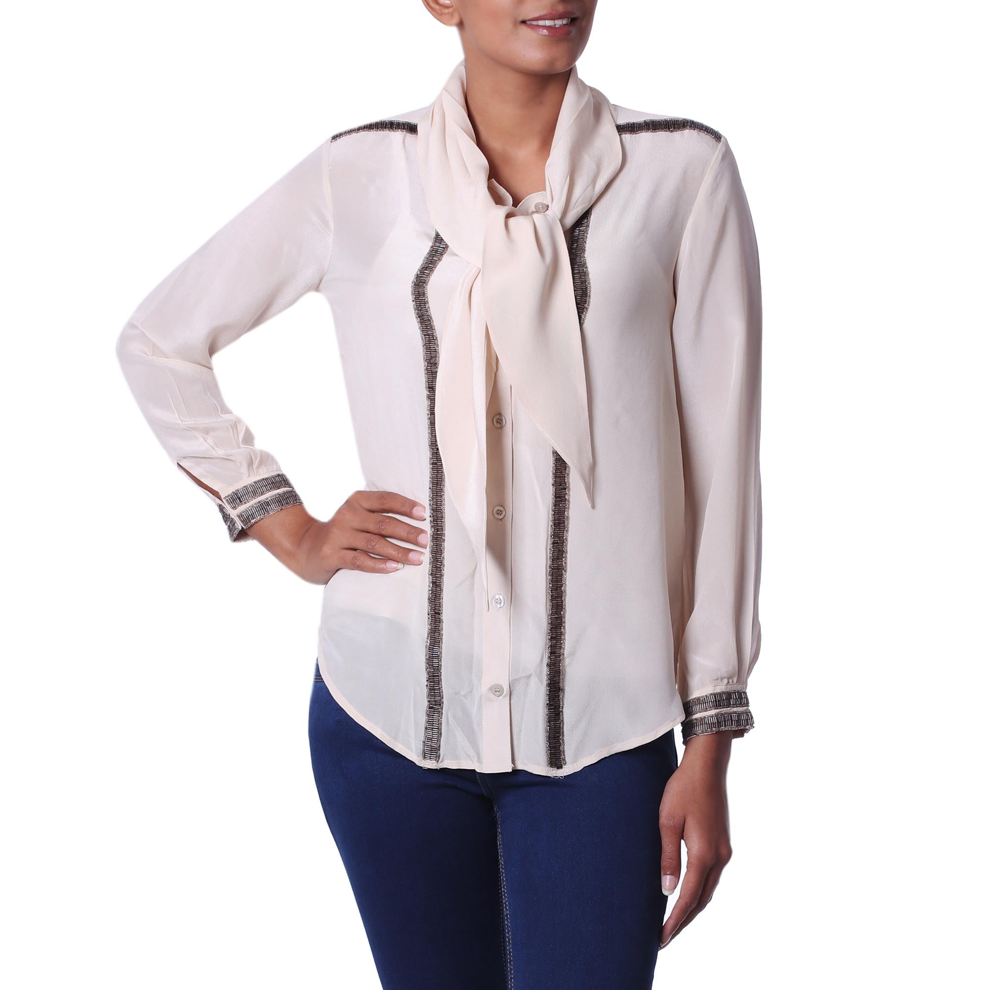 100% Silk Button Down Blouse with Tie Neck in Ecru - Dazzling Alabaster