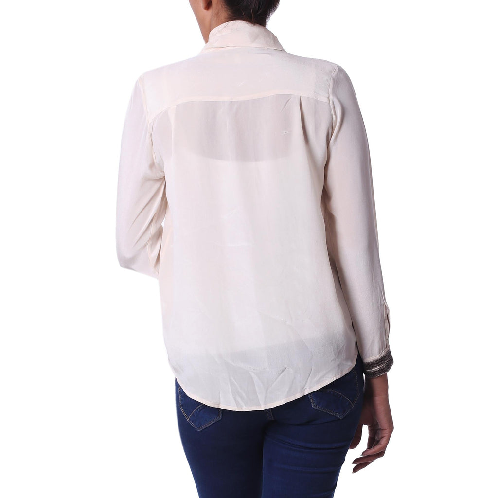 100% Silk Button Down Blouse with Tie Neck in Ecru - Dazzling Alabaster