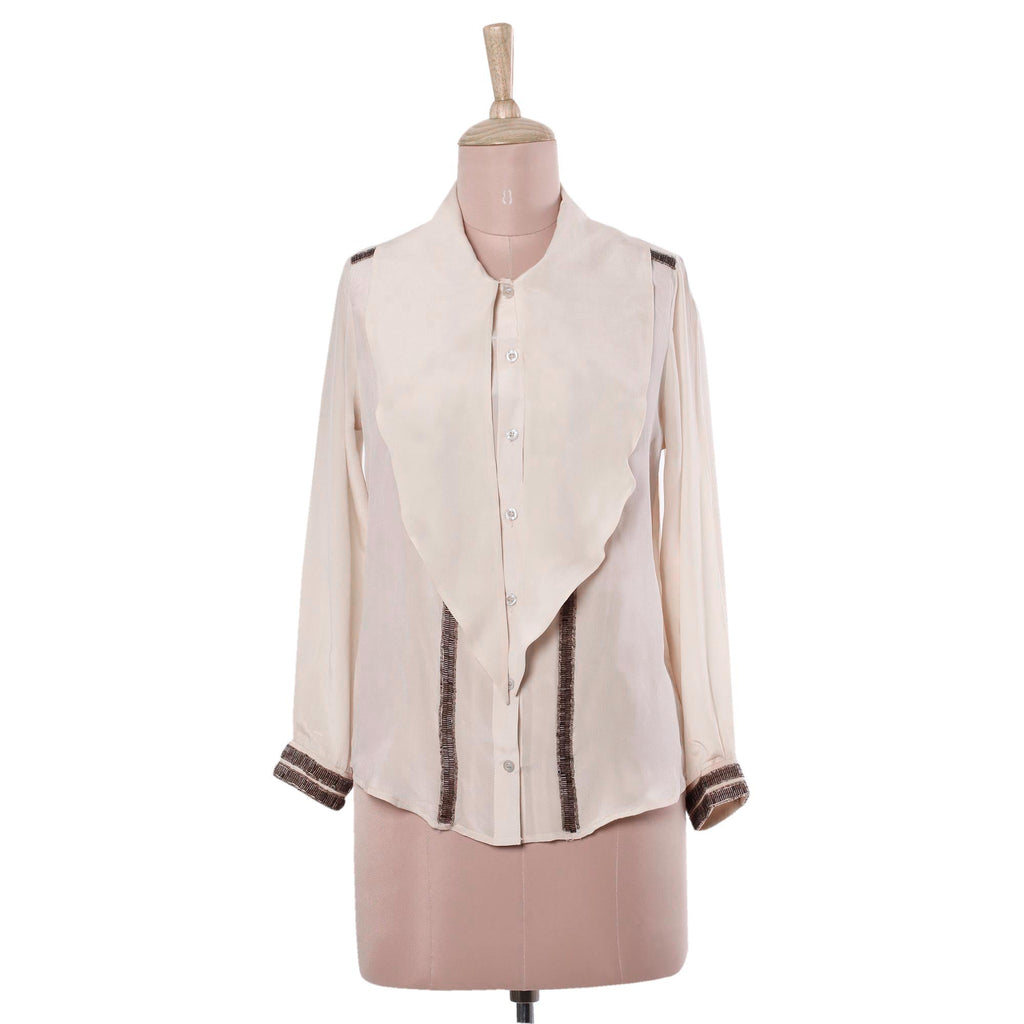 100% Silk Button Down Blouse with Tie Neck in Ecru - Dazzling Alabaster