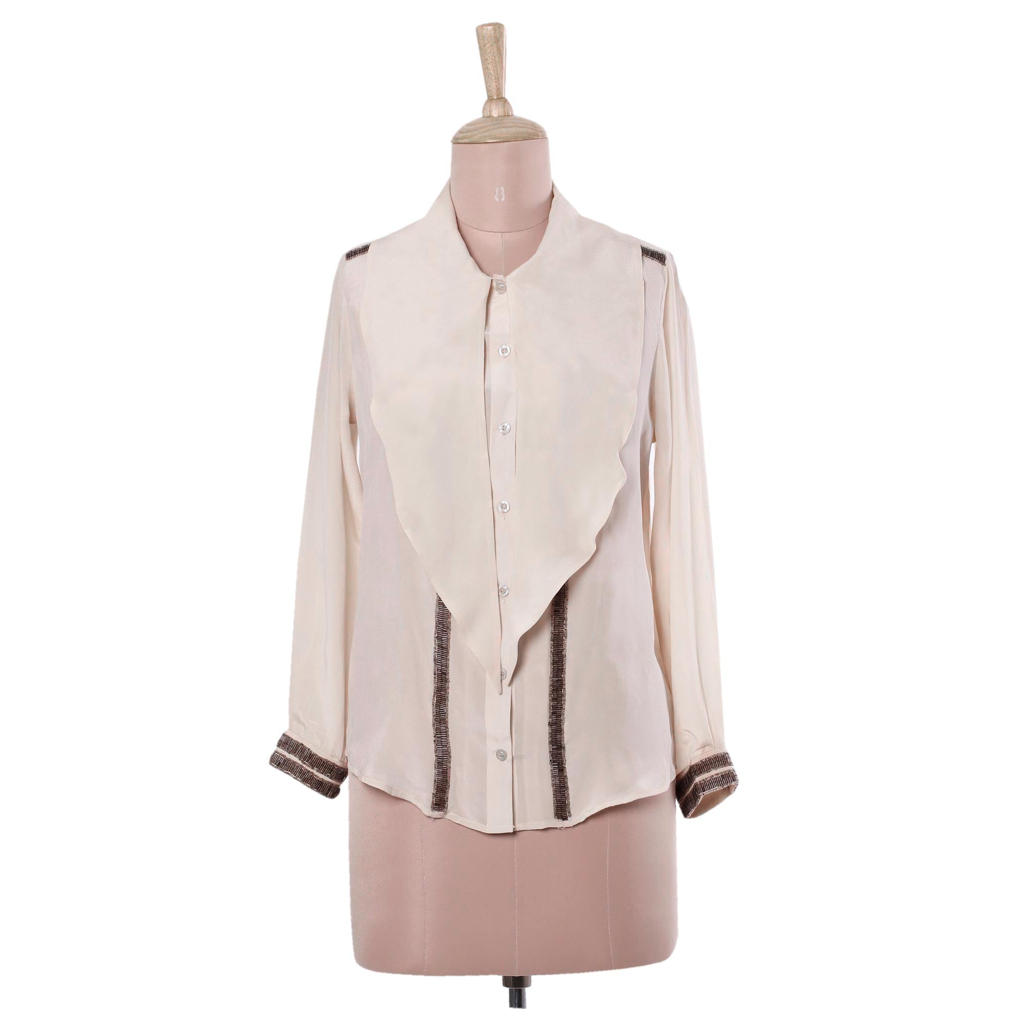 100% Silk Button Down Blouse with Tie Neck in Ecru - Dazzling Alabaster
