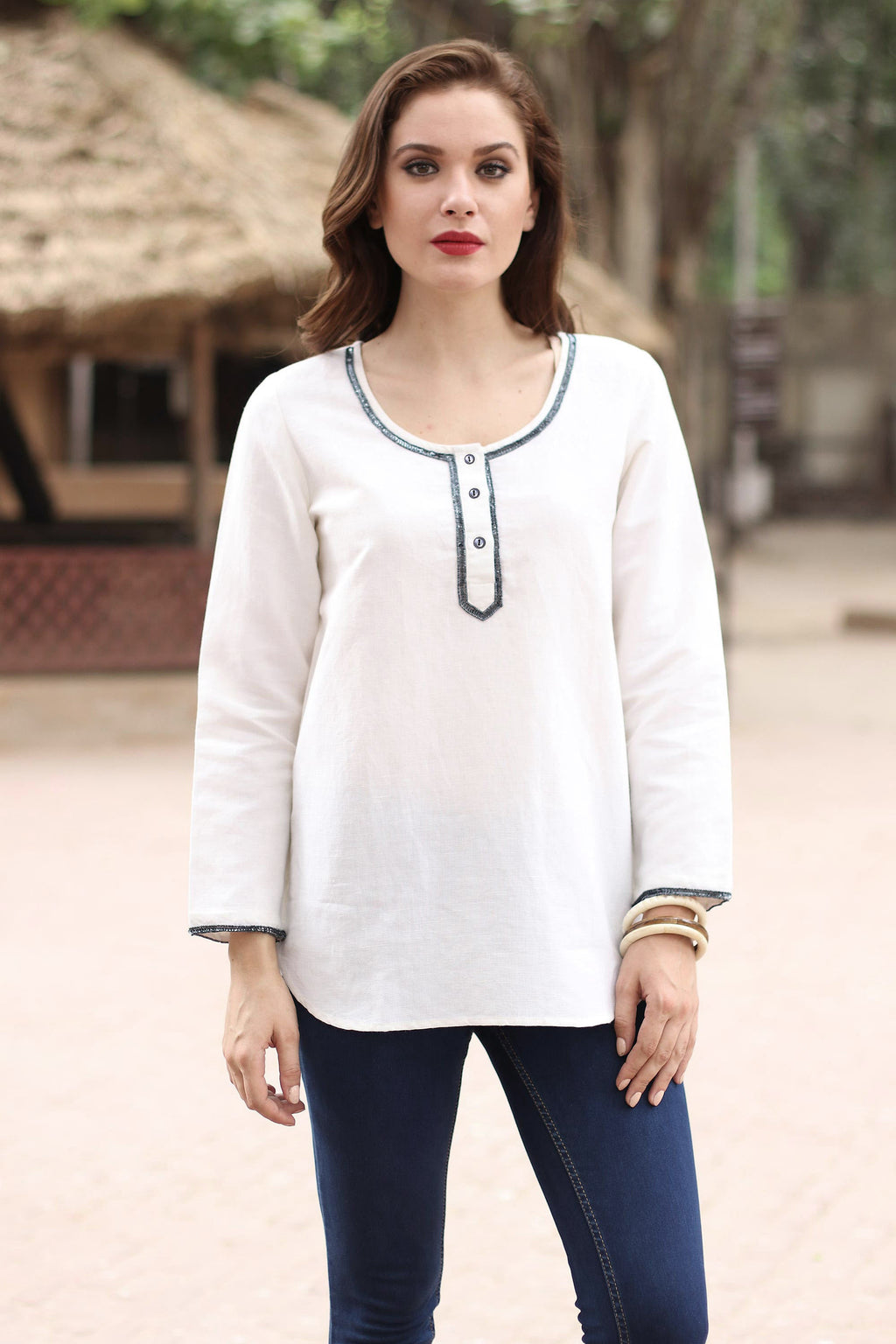 Linen and Cotton Ivory Tunic with Sequins and Beaded Accents - Carefree Ivory