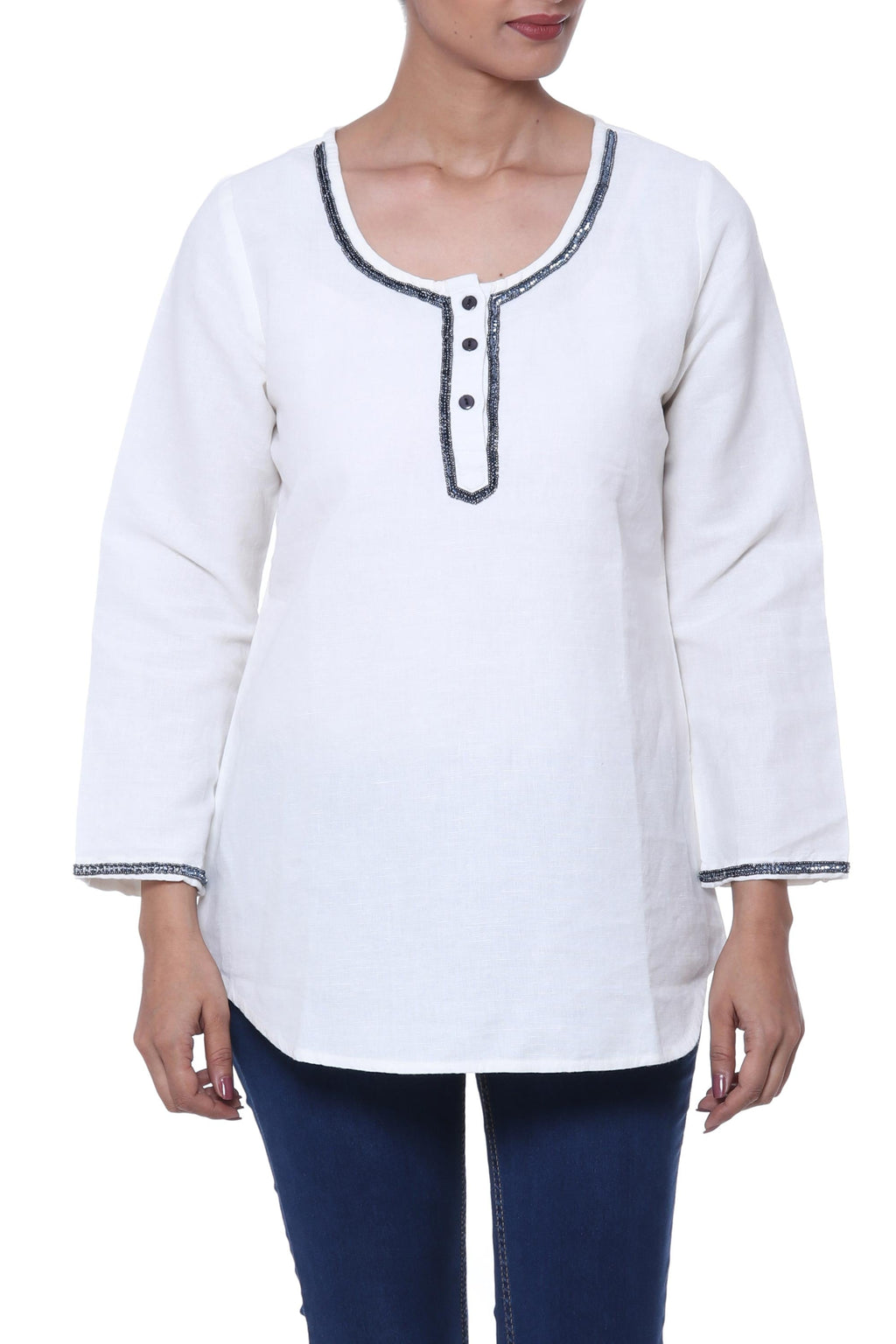 Linen and Cotton Ivory Tunic with Sequins and Beaded Accents - Carefree Ivory
