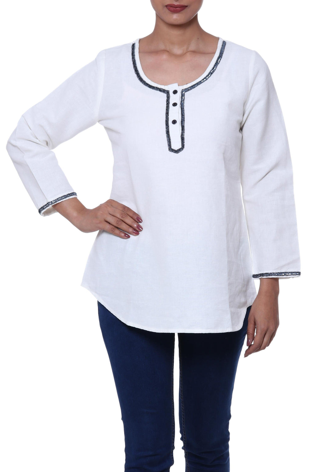 Linen and Cotton Ivory Tunic with Sequins and Beaded Accents - Carefree Ivory