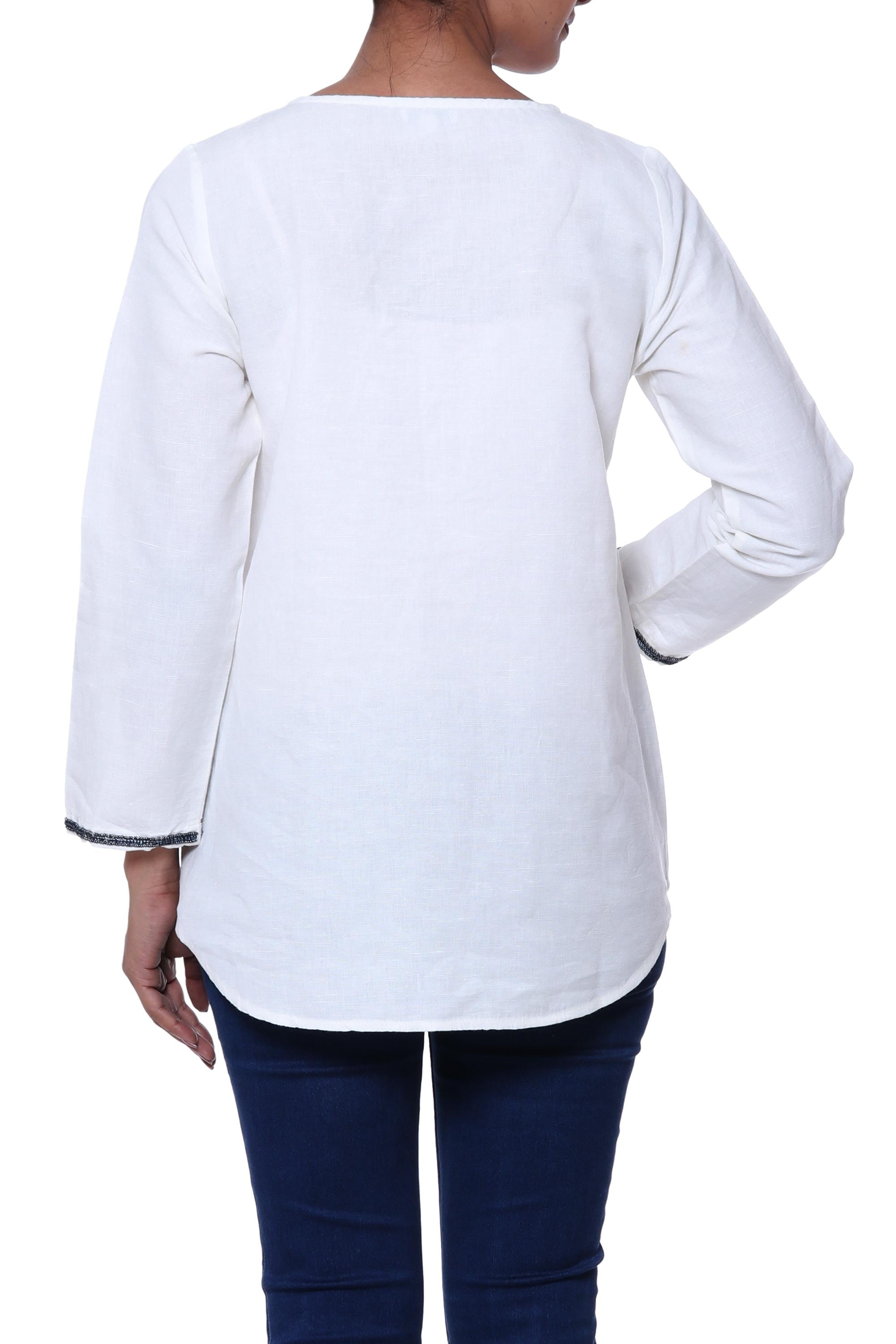 Linen and Cotton Ivory Tunic with Sequins and Beaded Accents - Carefree Ivory