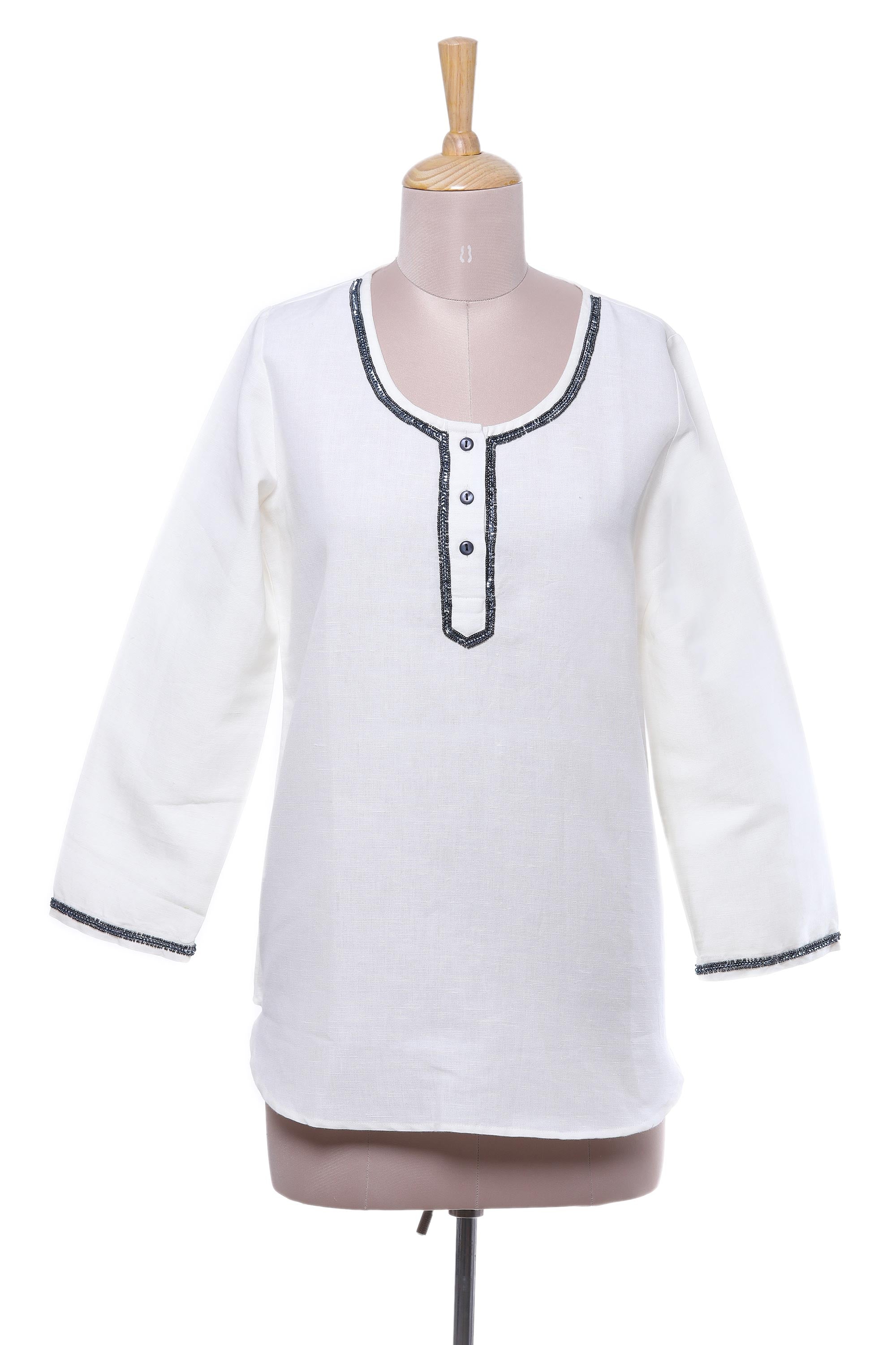 Linen and Cotton Ivory Tunic with Sequins and Beaded Accents - Carefree Ivory