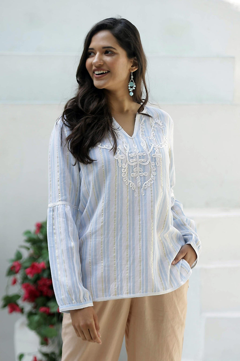 Cotton Tunic with Cerulean Stripes from India - Cerulean Summer