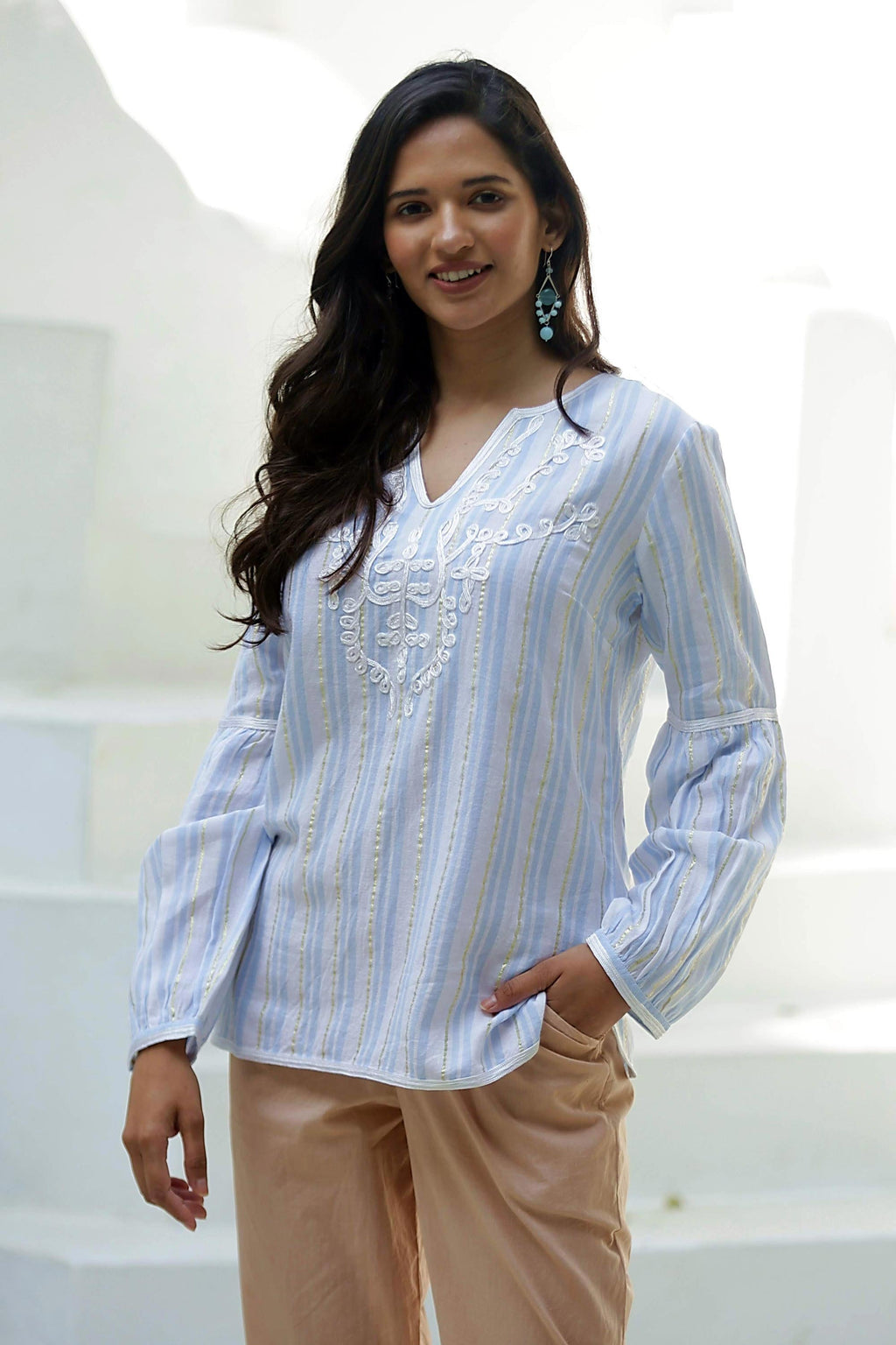 Cotton Tunic with Cerulean Stripes from India - Cerulean Summer