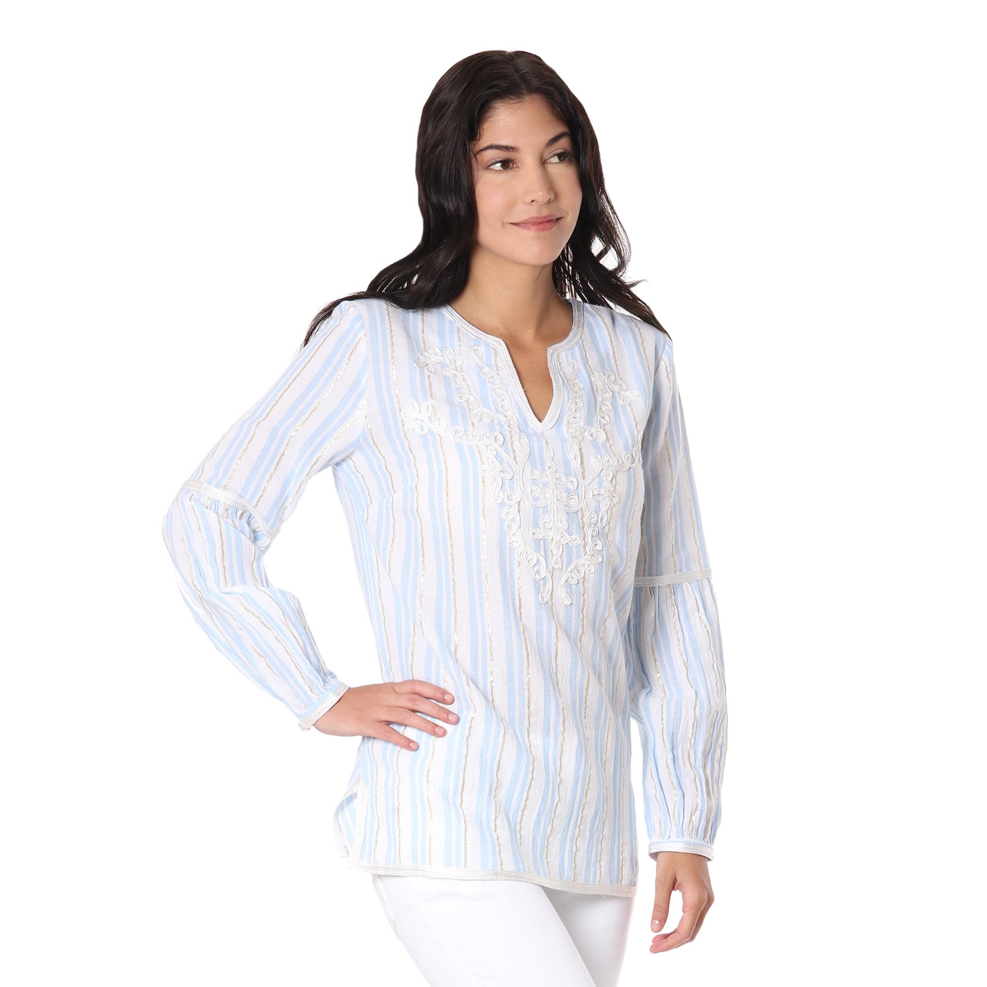 Cotton Tunic with Cerulean Stripes from India - Cerulean Summer