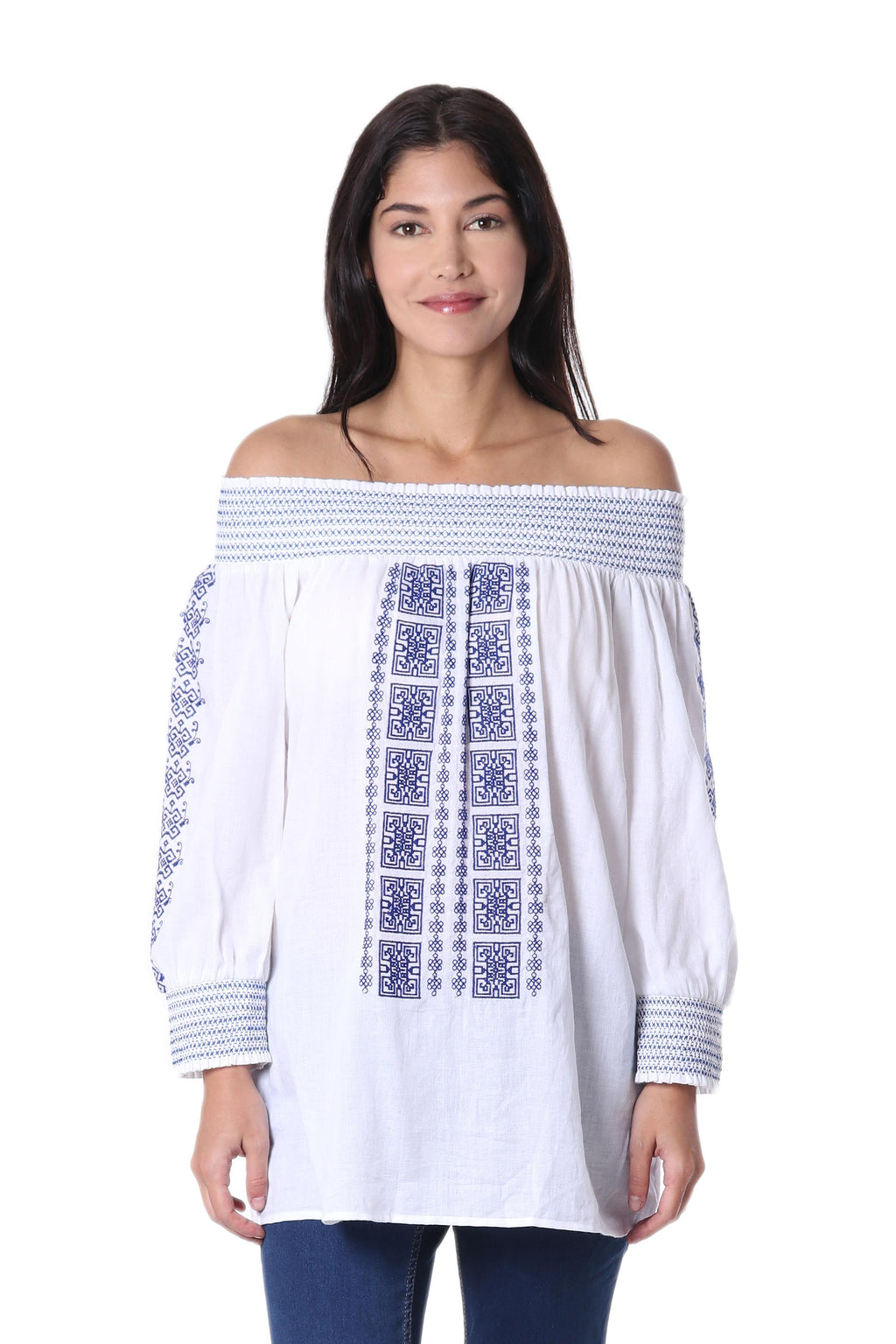 White Cotton Off-The-Shoulder Tunic with Moroccan Embroidery - Moroccan Charm