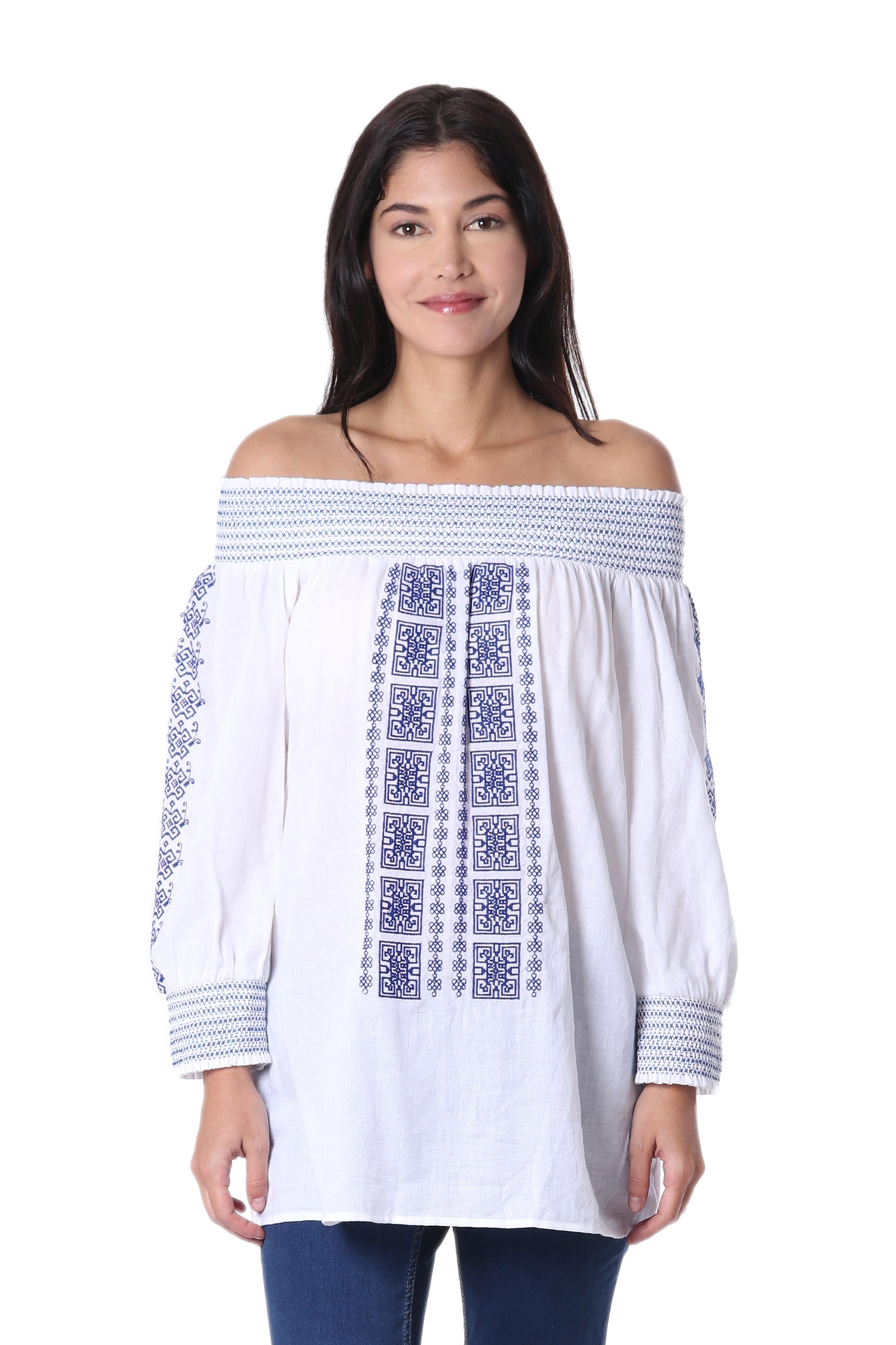 White Cotton Off-The-Shoulder Tunic with Moroccan Embroidery - Moroccan Charm