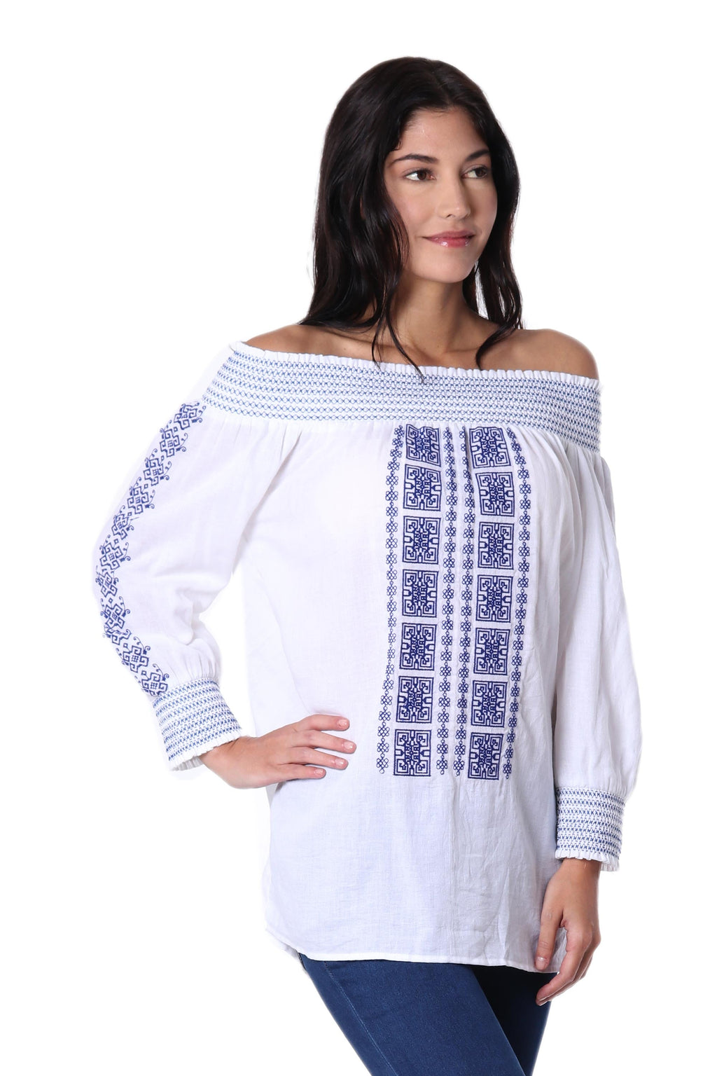 White Cotton Off-The-Shoulder Tunic with Moroccan Embroidery - Moroccan Charm