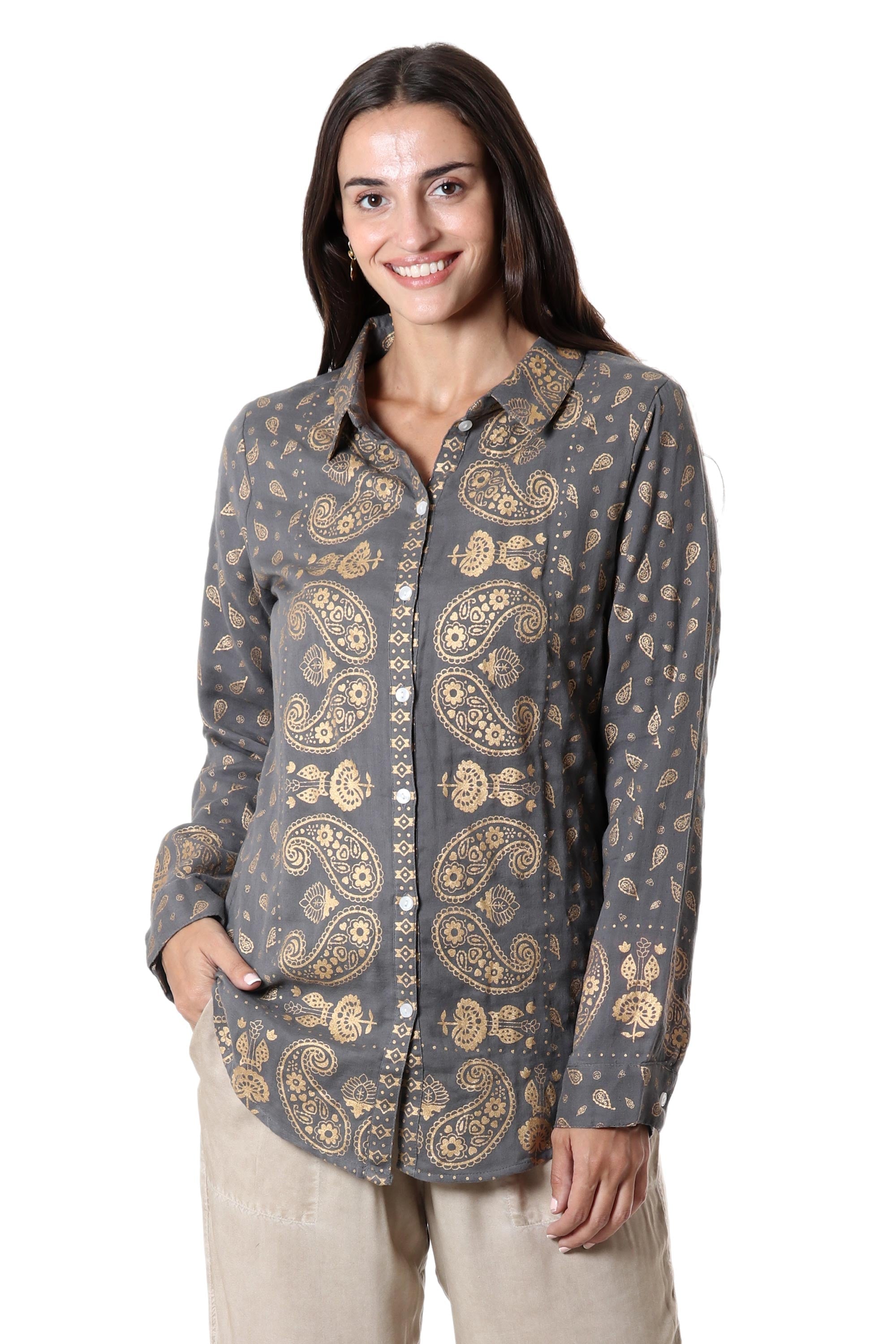 Paisley Motif Block-Printed Cotton Shirt from India - Paisley Elegance