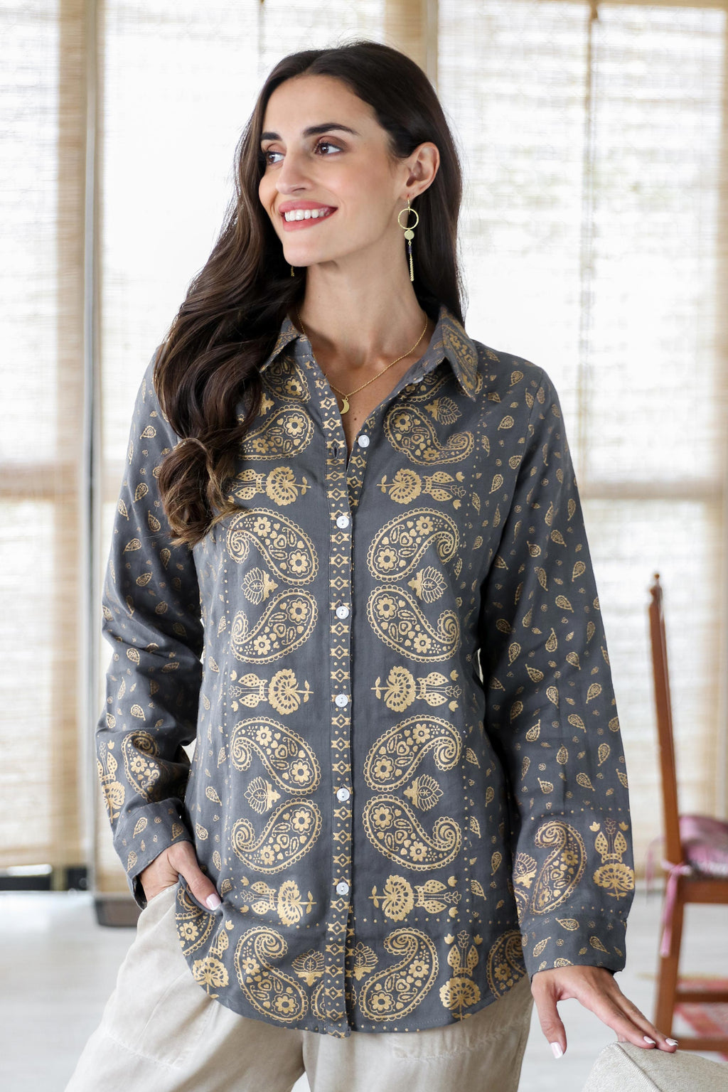 Paisley Motif Block-Printed Cotton Shirt from India - Paisley Elegance