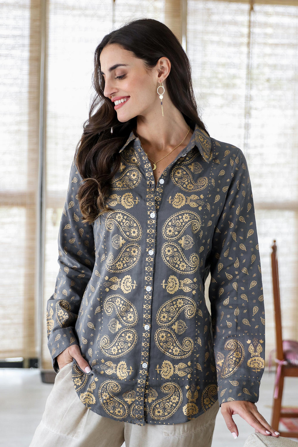 Paisley Motif Block-Printed Cotton Shirt from India - Paisley Elegance