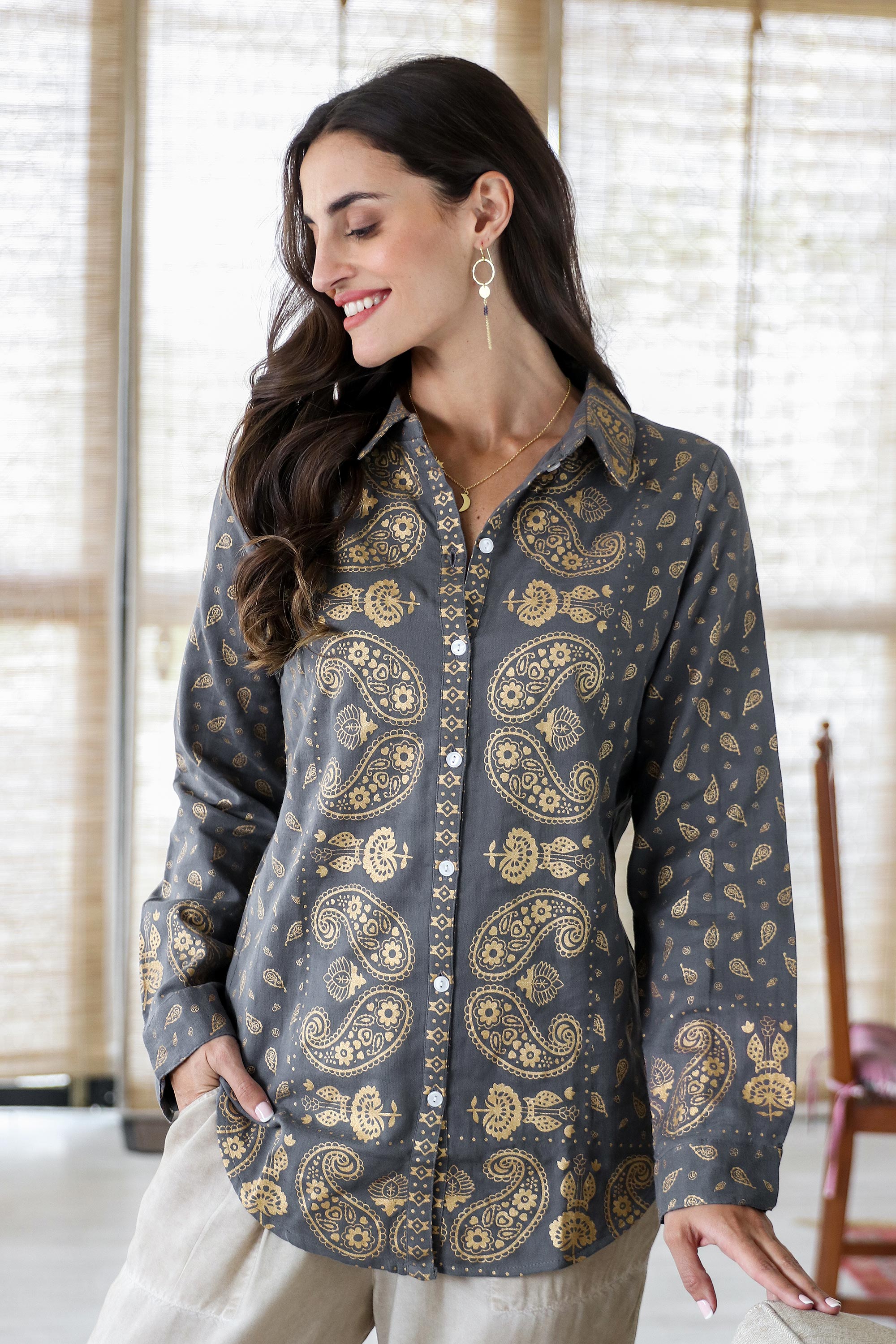 Paisley Motif Block-Printed Cotton Shirt from India - Paisley Elegance