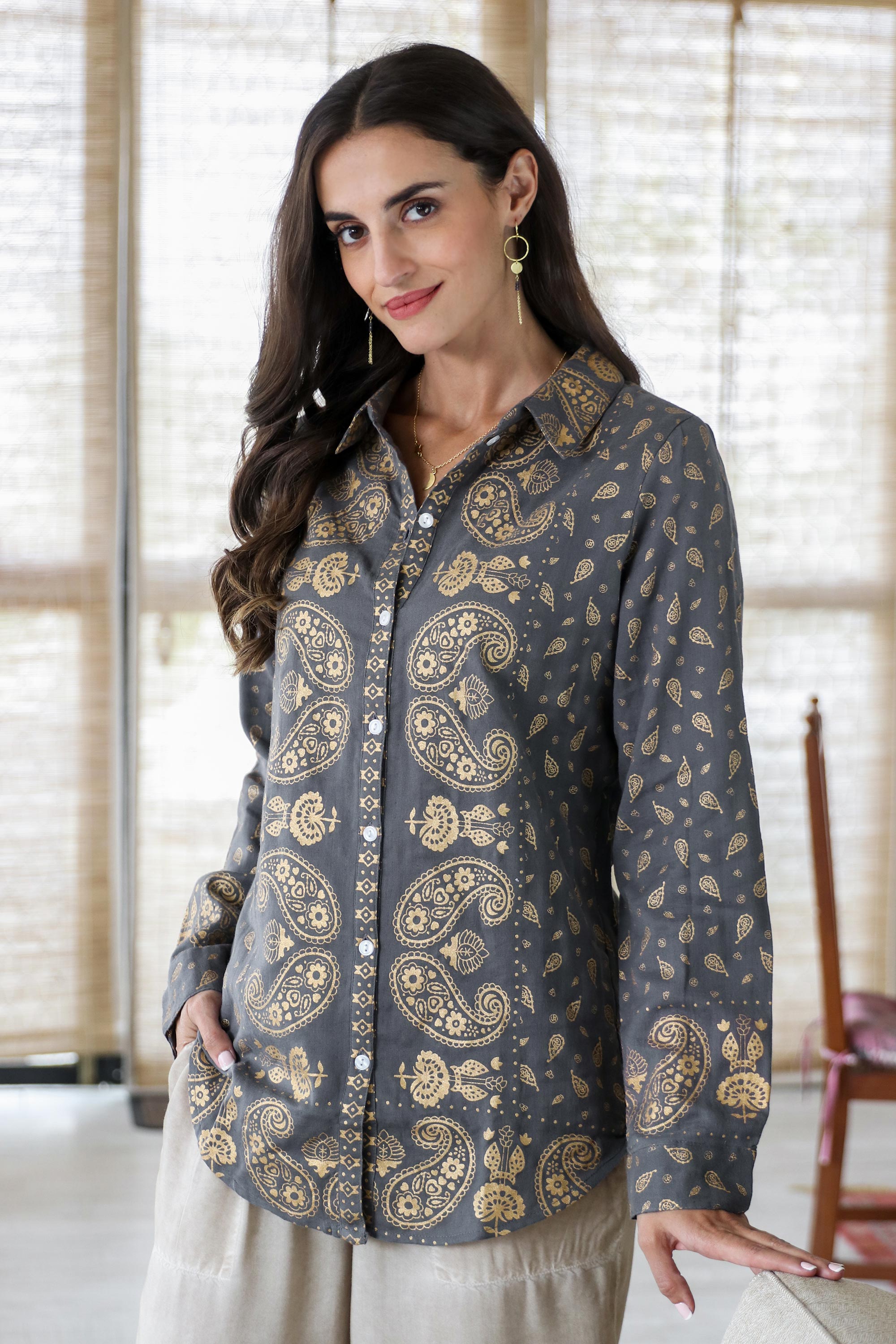 Paisley Motif Block-Printed Cotton Shirt from India - Paisley Elegance