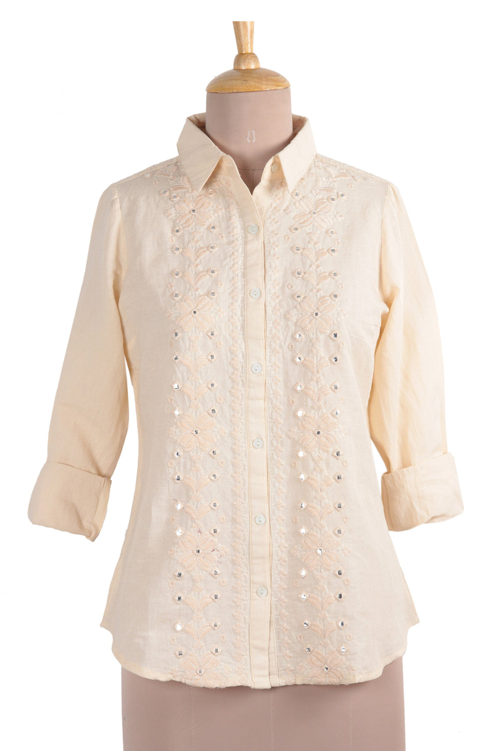Embroidered Cotton and Linen Blend Shirt with Mirror Accents - Sparkling Elegance