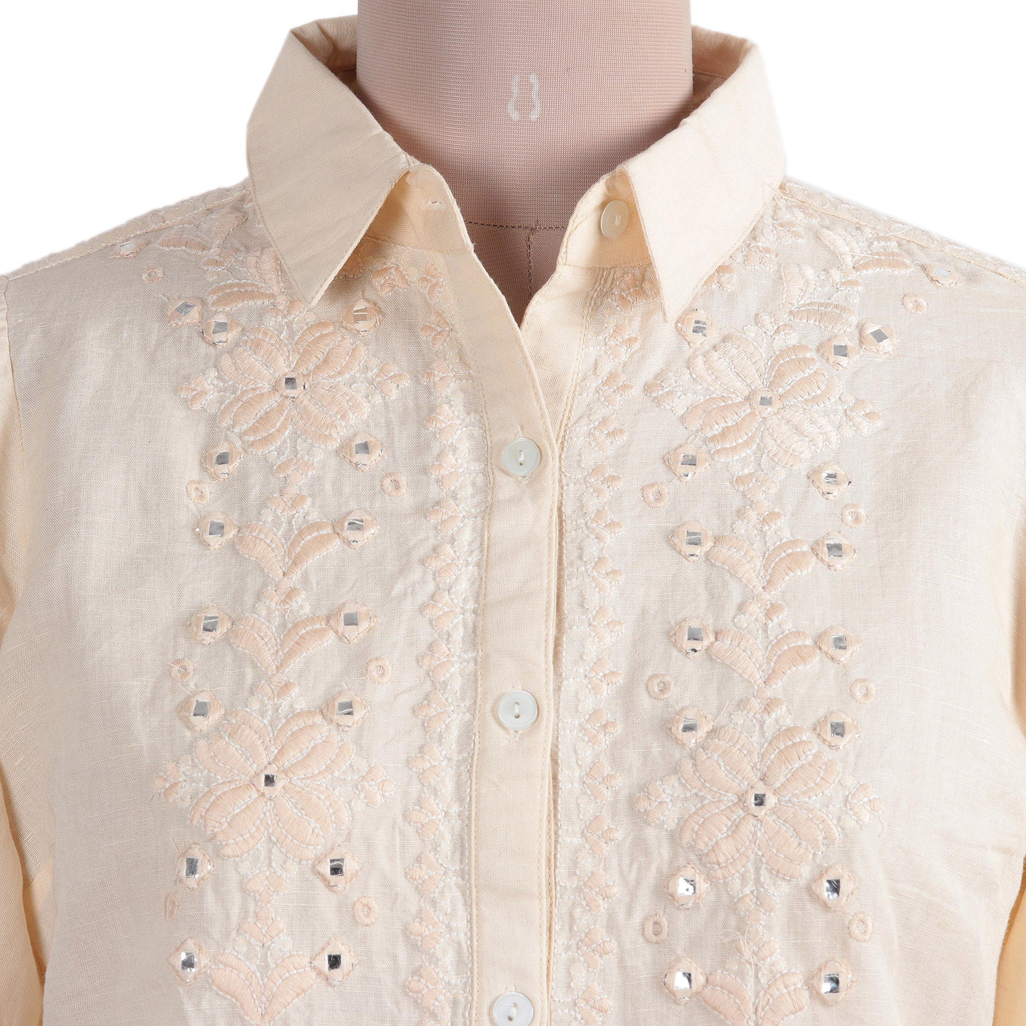 Embroidered Cotton and Linen Blend Shirt with Mirror Accents - Sparkling Elegance