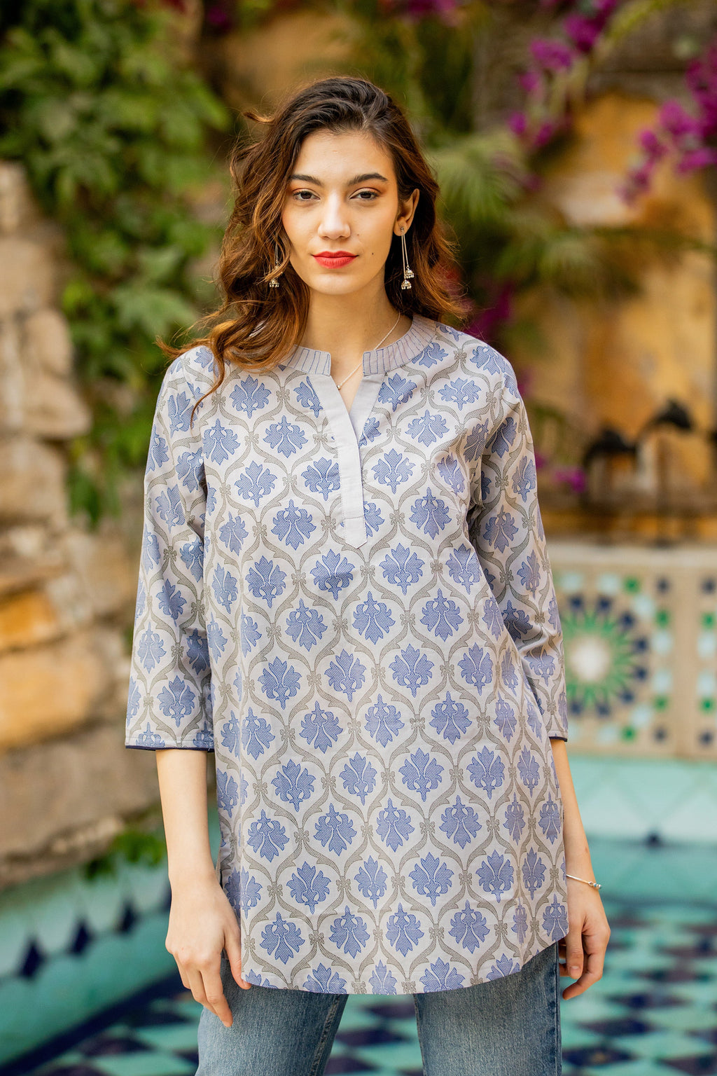 Printed Cotton Tunic in Ash from India - Royal Ash Grey