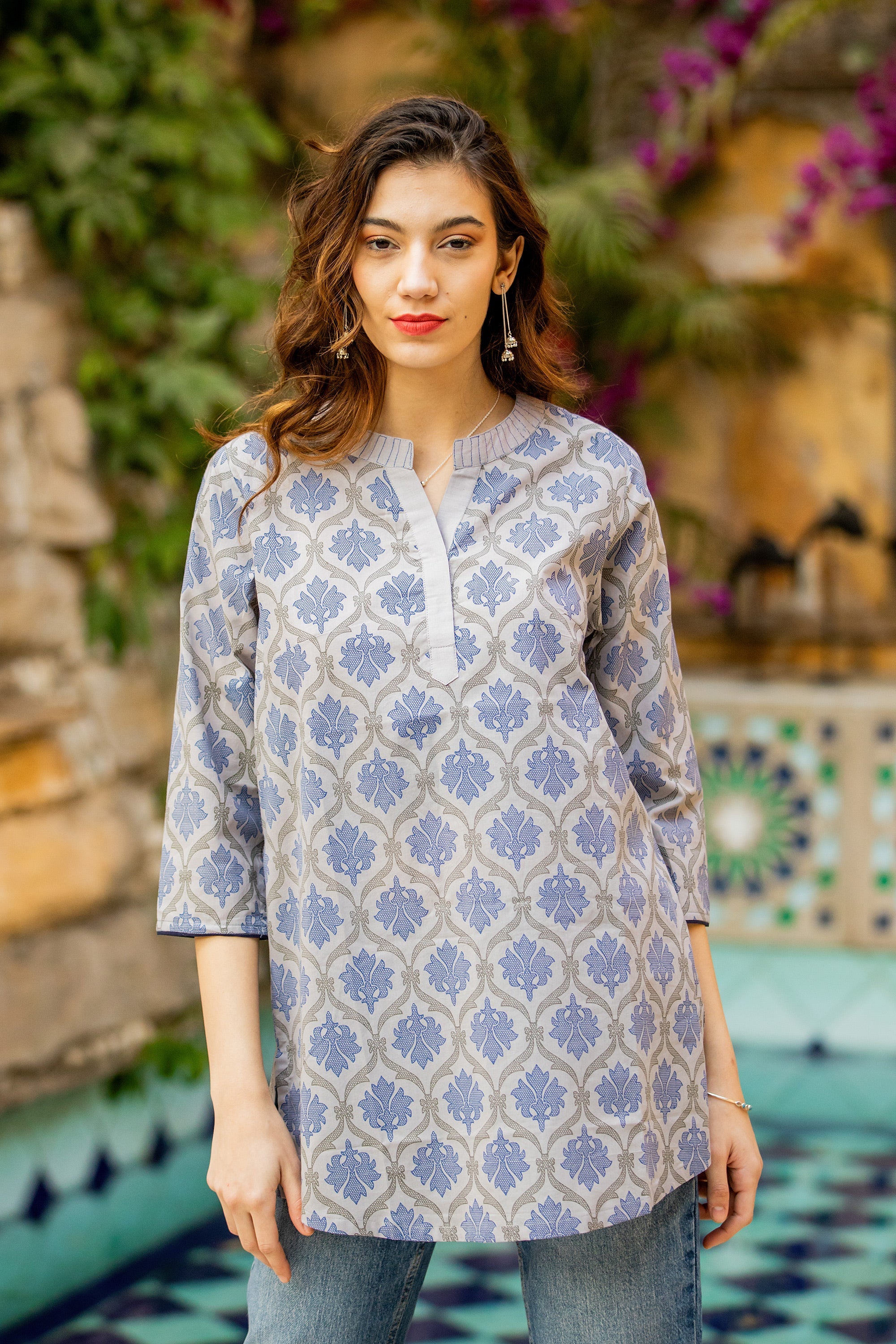 Printed Cotton Tunic in Ash from India - Royal Ash Grey