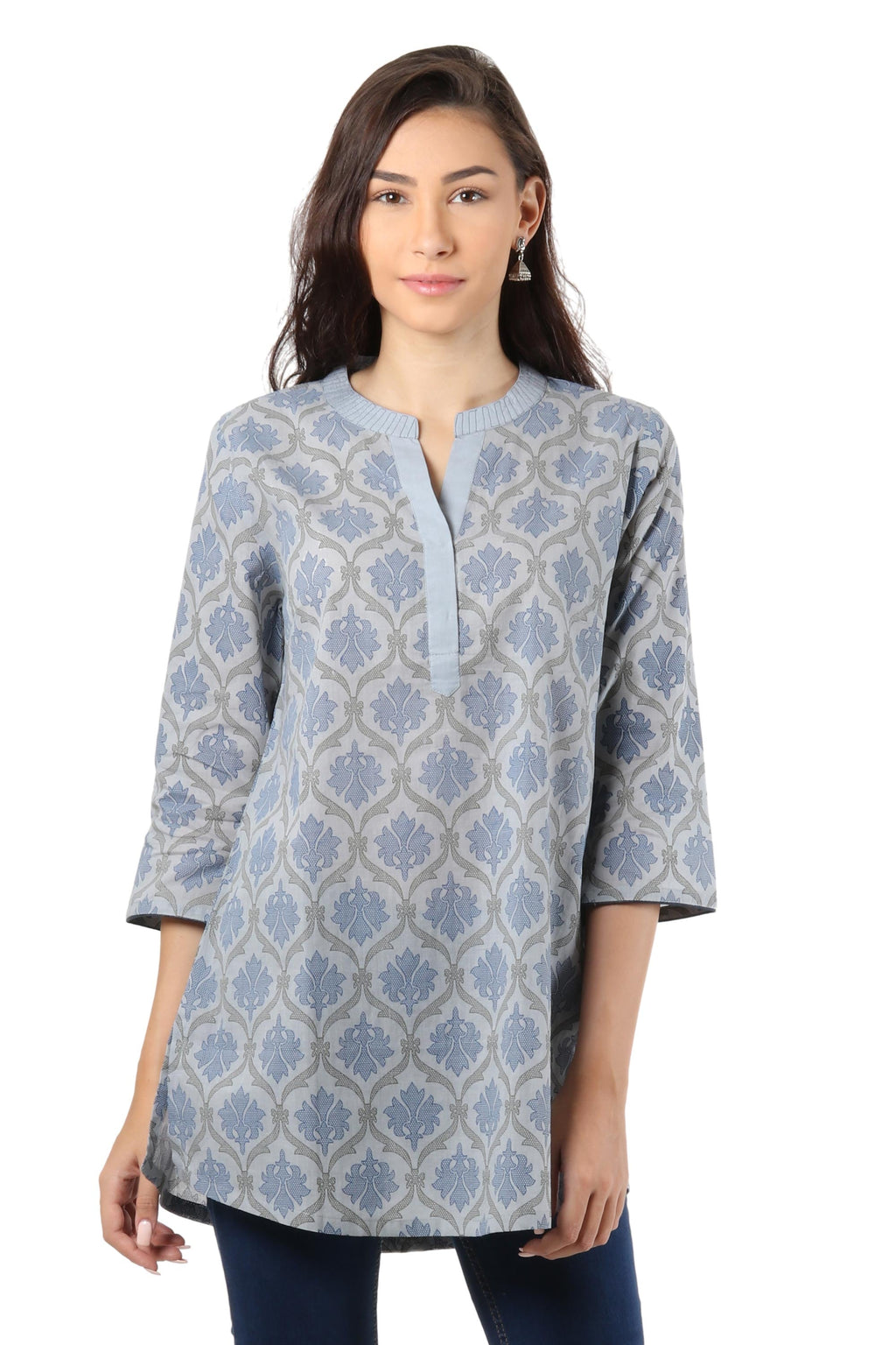 Printed Cotton Tunic in Ash from India - Royal Ash Grey