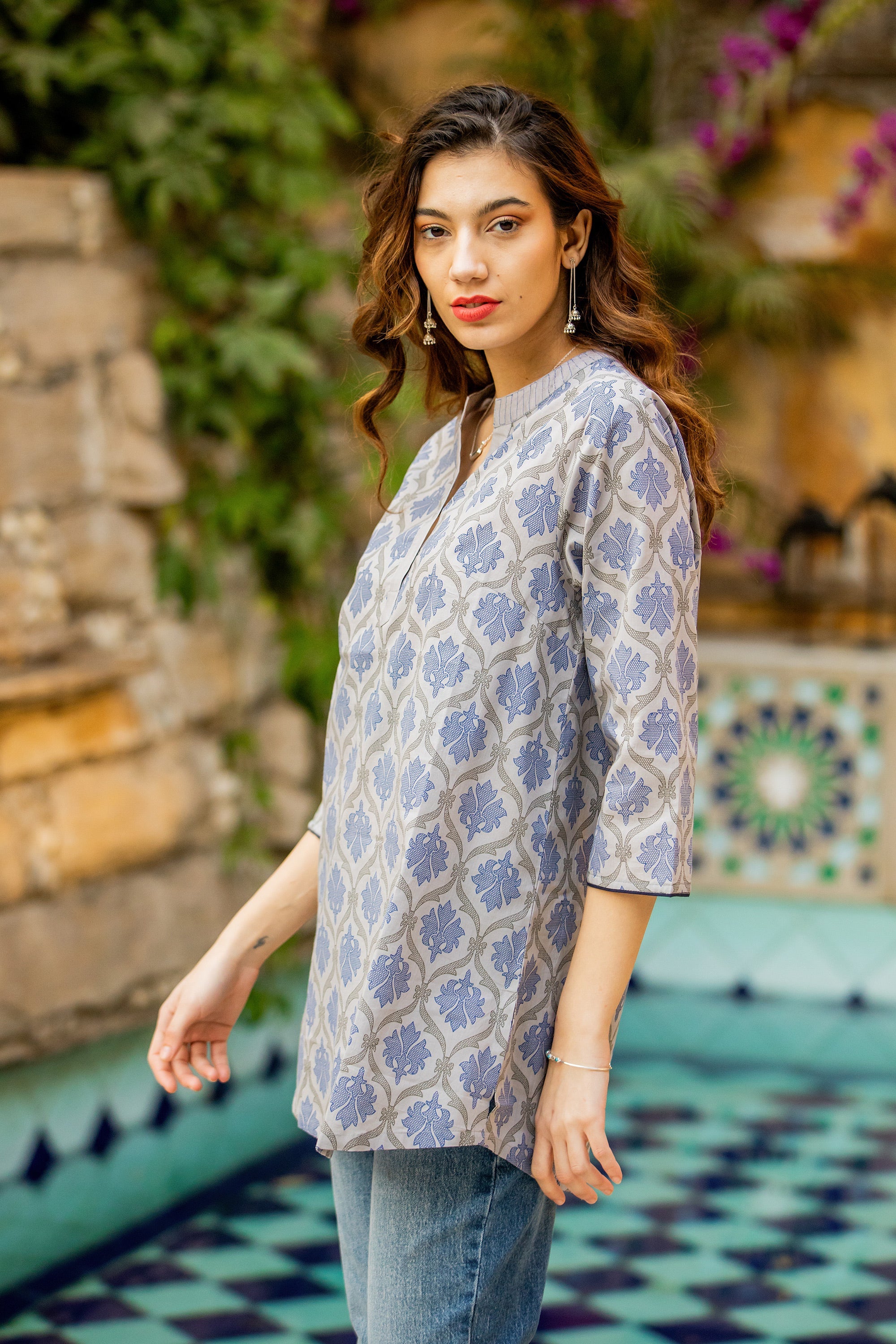 Printed Cotton Tunic in Ash from India - Royal Ash Grey
