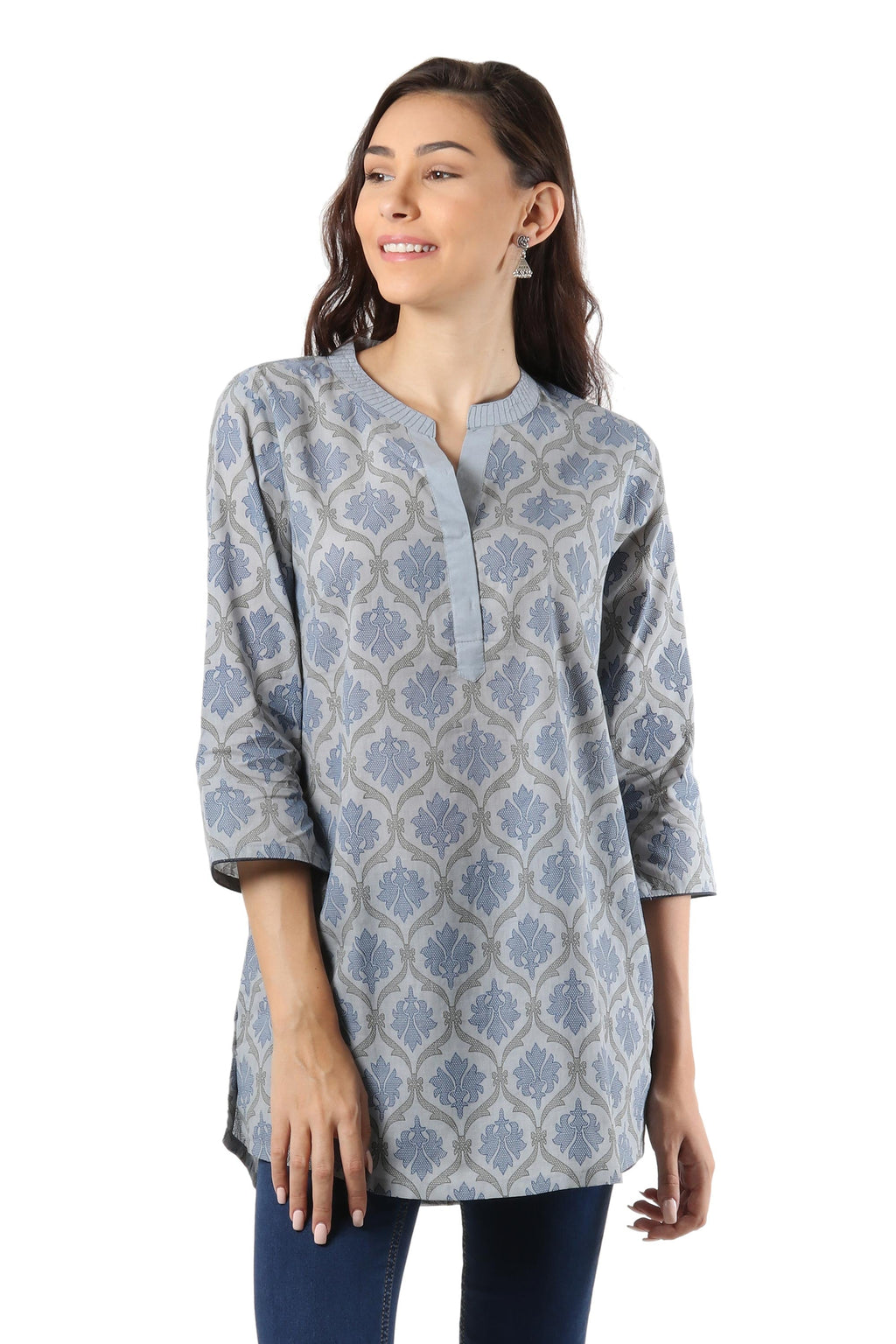Printed Cotton Tunic in Ash from India - Royal Ash Grey