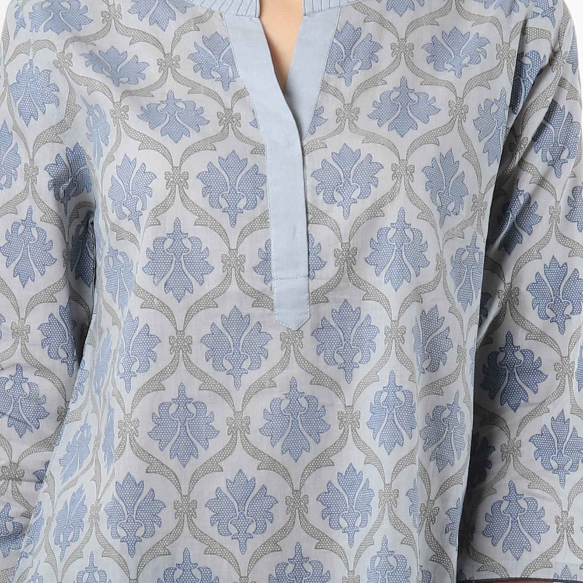 Printed Cotton Tunic in Ash from India - Royal Ash Grey