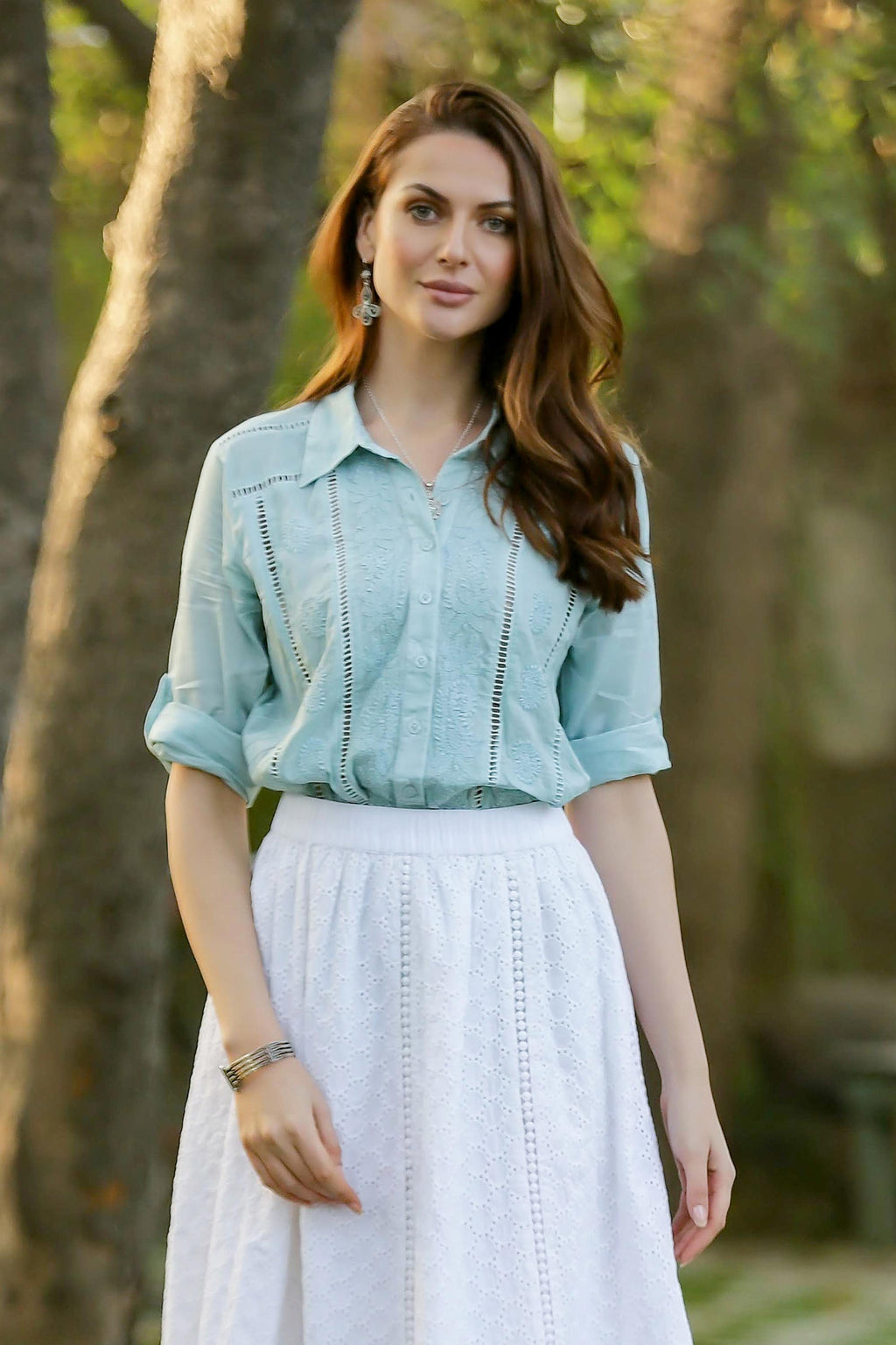 Feminine All Cotton Mint Green Blouse from India - Elegant in Mint