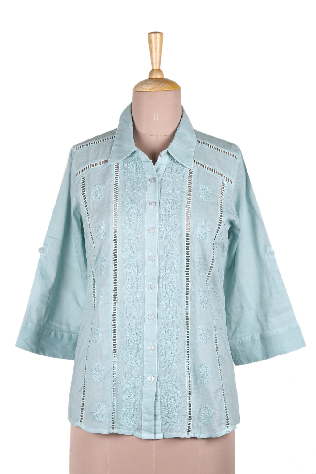 Feminine All Cotton Mint Green Blouse from India - Elegant in Mint
