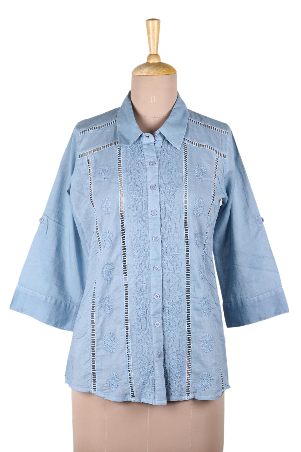 Artisan Designed Sky Blue Embroidered Cotton Blouse - Elegant in Sky Blue