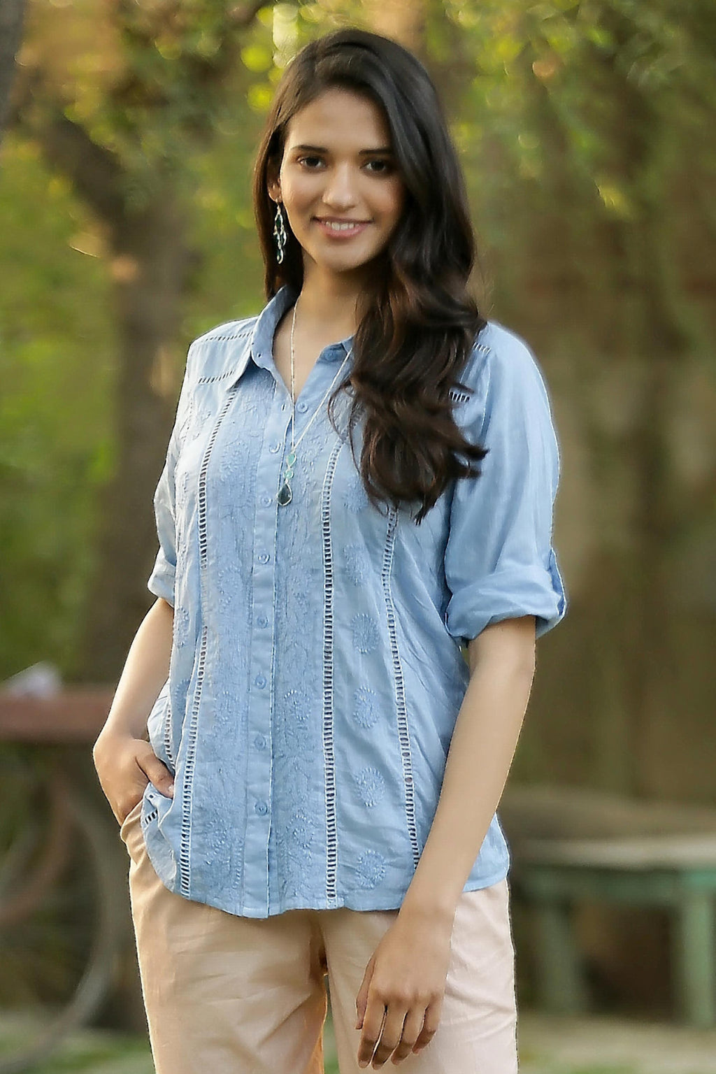 Artisan Designed Sky Blue Embroidered Cotton Blouse - Elegant in Sky Blue