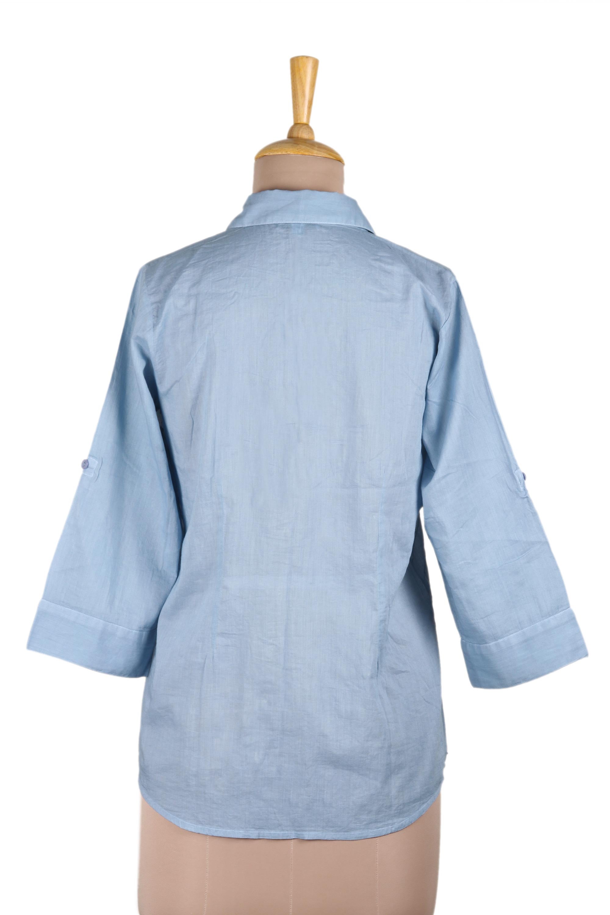 Artisan Designed Sky Blue Embroidered Cotton Blouse - Elegant in Sky Blue