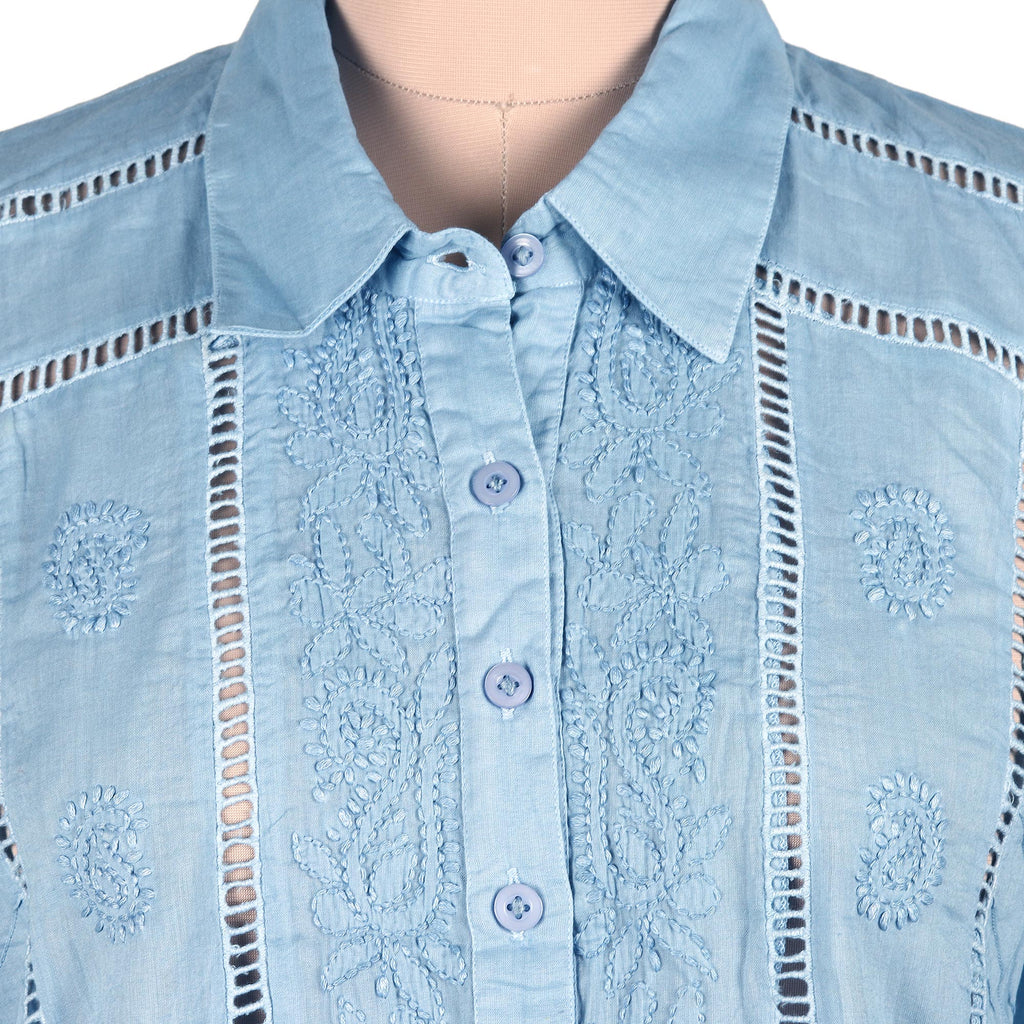 Artisan Designed Sky Blue Embroidered Cotton Blouse - Elegant in Sky Blue