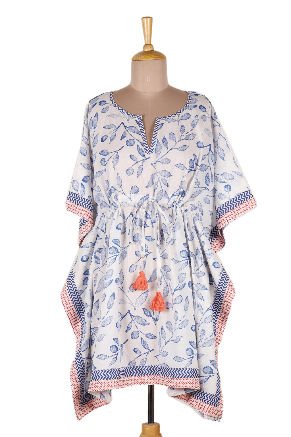 Hand Made Leaf-Themed Drawstring Cotton Caftan - Breezy Leaves