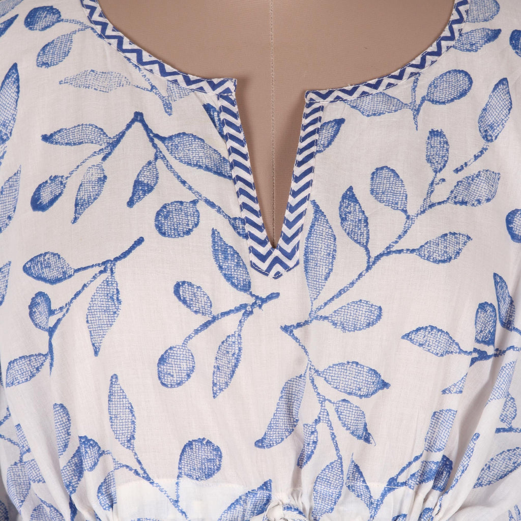 Hand Made Leaf-Themed Drawstring Cotton Caftan - Breezy Leaves