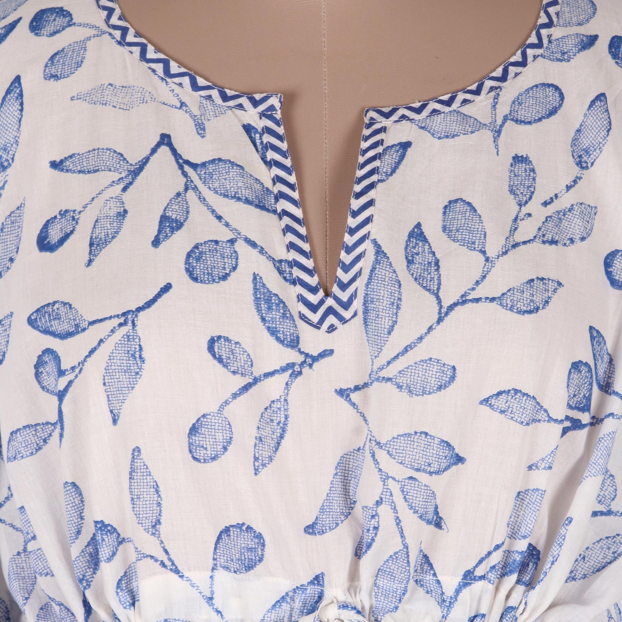 Hand Made Leaf-Themed Drawstring Cotton Caftan - Breezy Leaves
