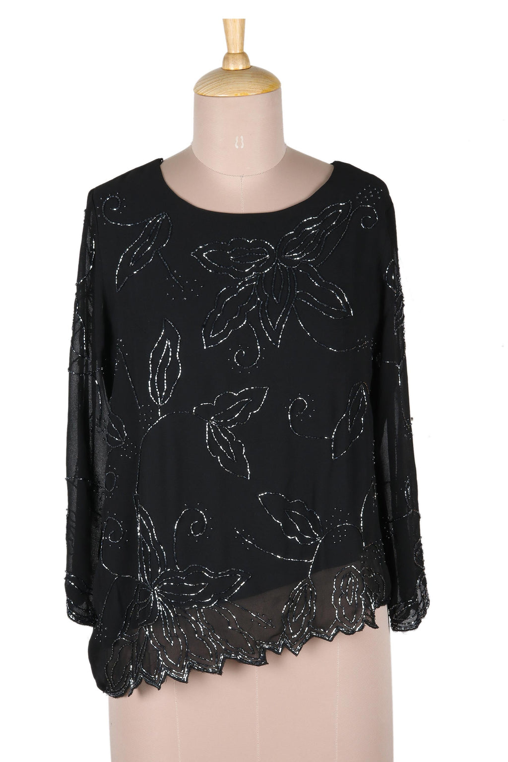 Black Crepe Georgette Beaded Blouse from India - Midnight Diva
