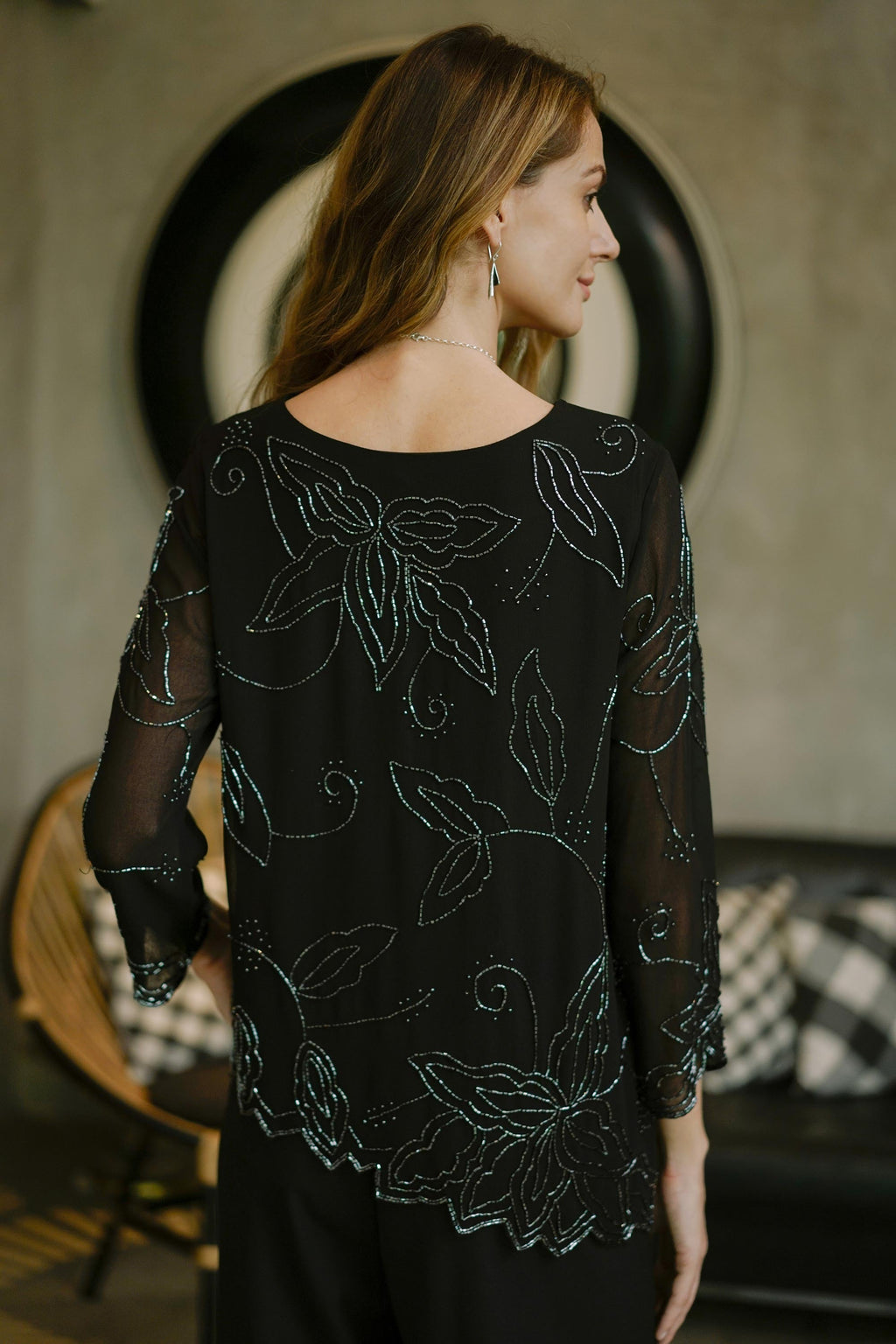 Black Crepe Georgette Beaded Blouse from India - Midnight Diva