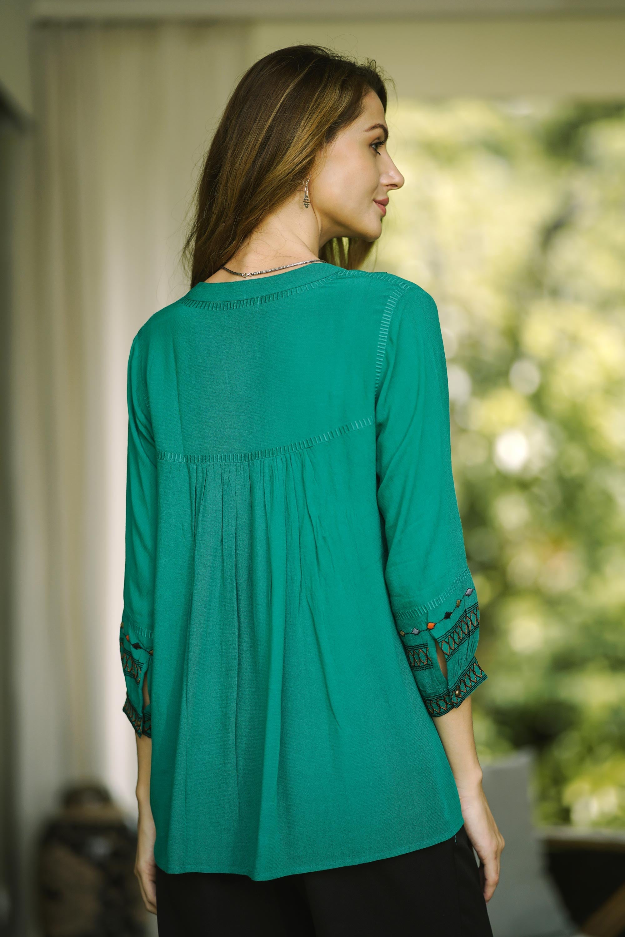 Embroidered Green Viscose Tunic - Viridian Beauty