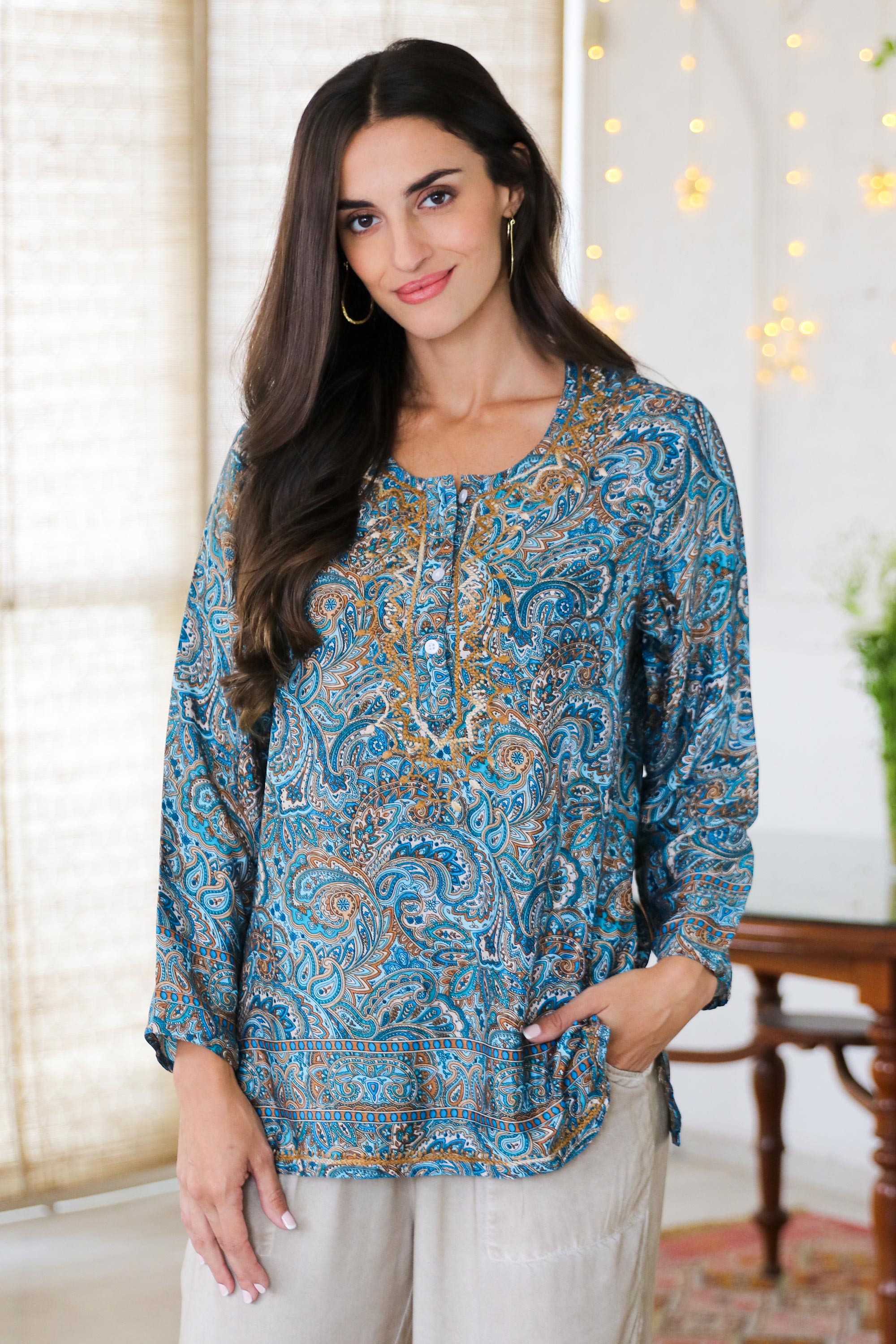 Printed Tunic with Hand-Embroidered Chikankari - Celestial Jaipur